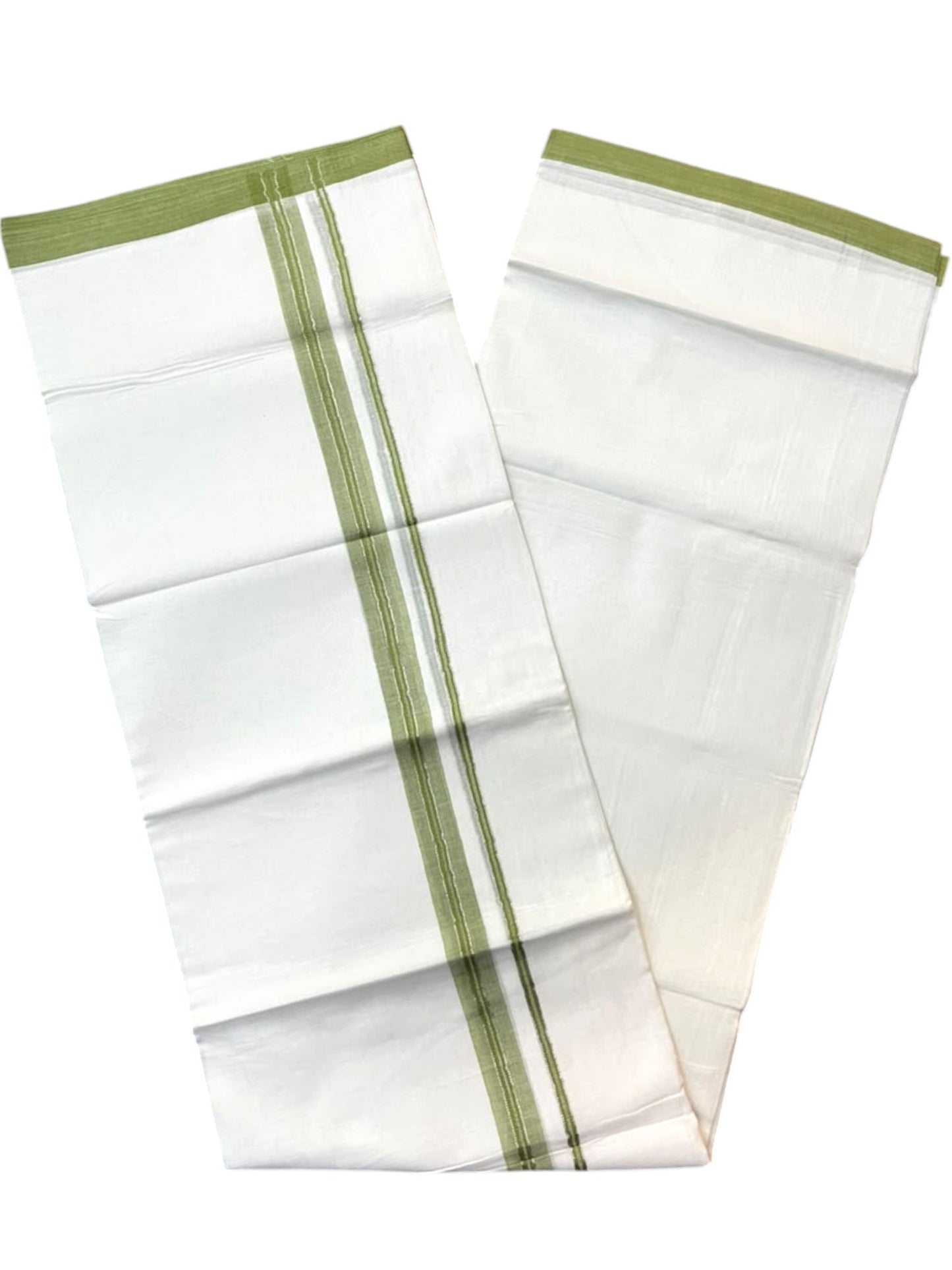 Southloom Pure White Cotton Mundu with Olive Green & Silver Line Border (South Indian Kerala Dhoti)