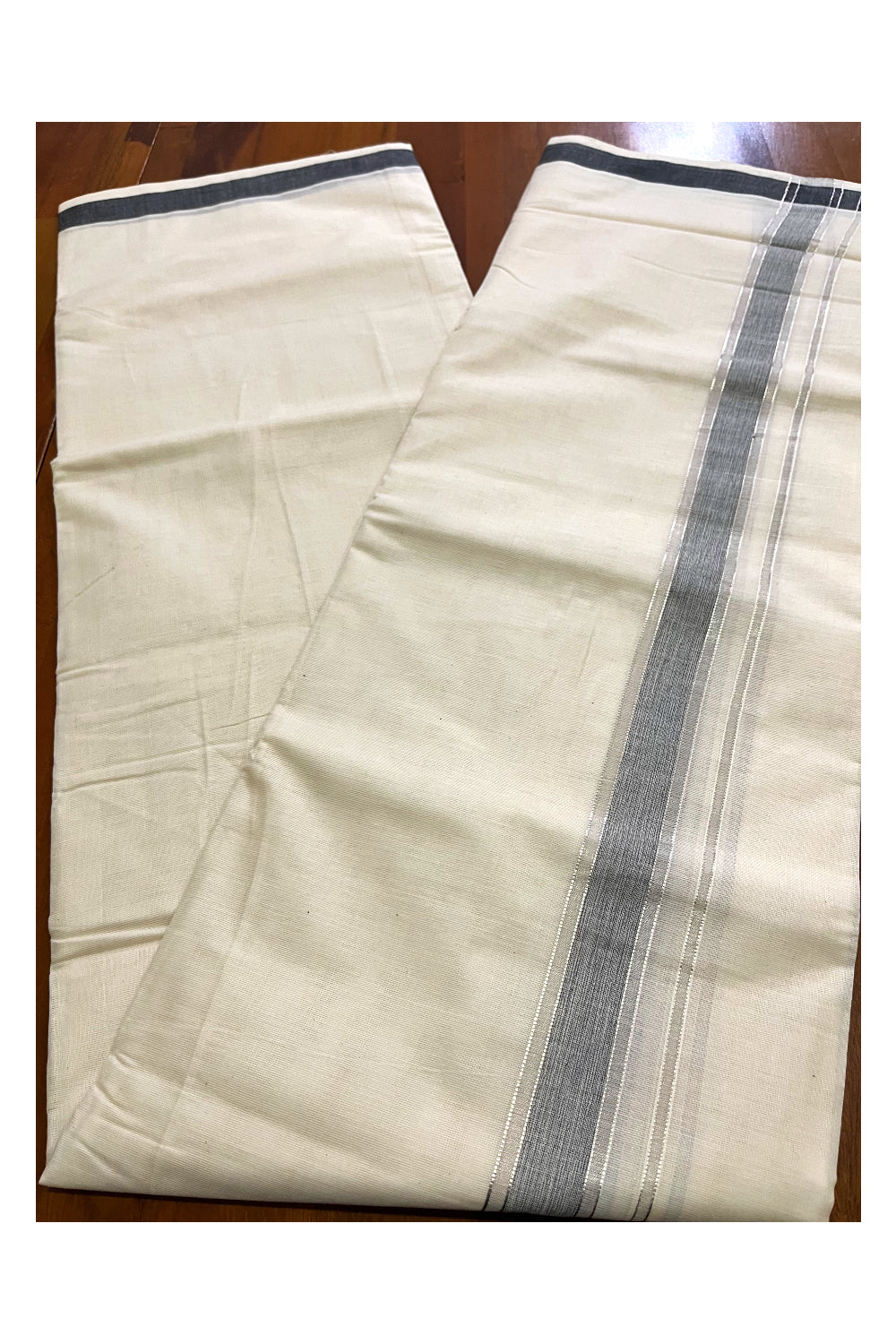 Pure Cotton Kerala Double Mundu with Silver Kasavu and Black Border (South Indian Kerala Dhoti)