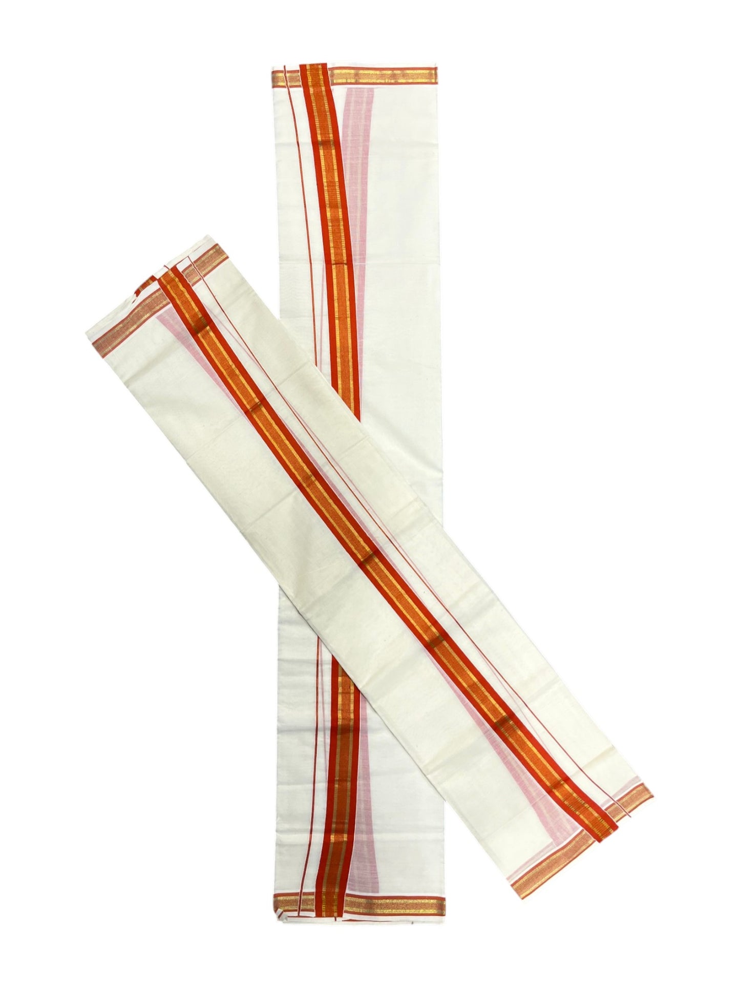 Southloom Kerala Cotton Set Mundu (Mundum Neriyathum) with Kasavu and Orange Border
