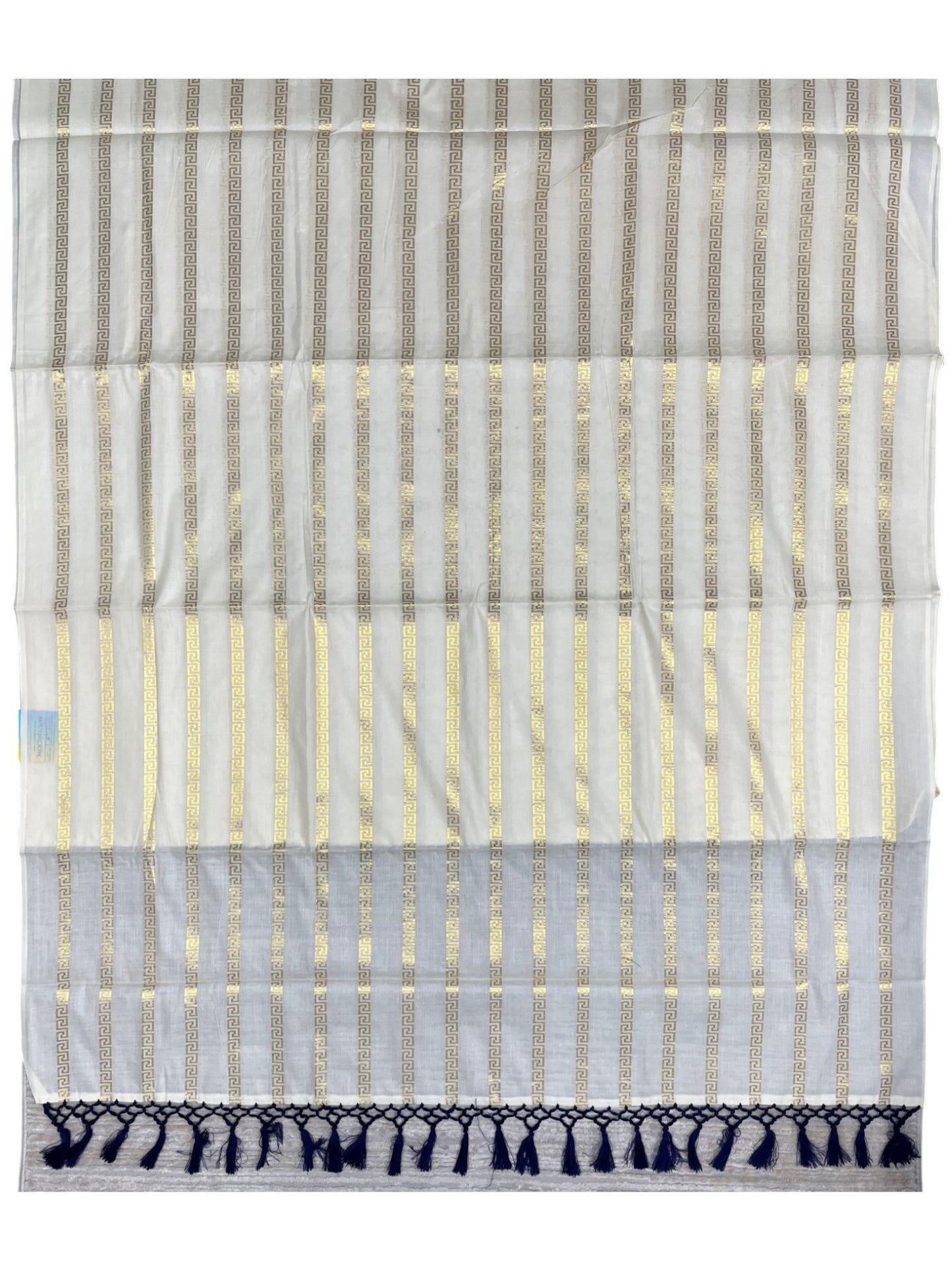 Southloom Cotton Kerala Kasavu Saree with Stripes on Body and Blue Tussels