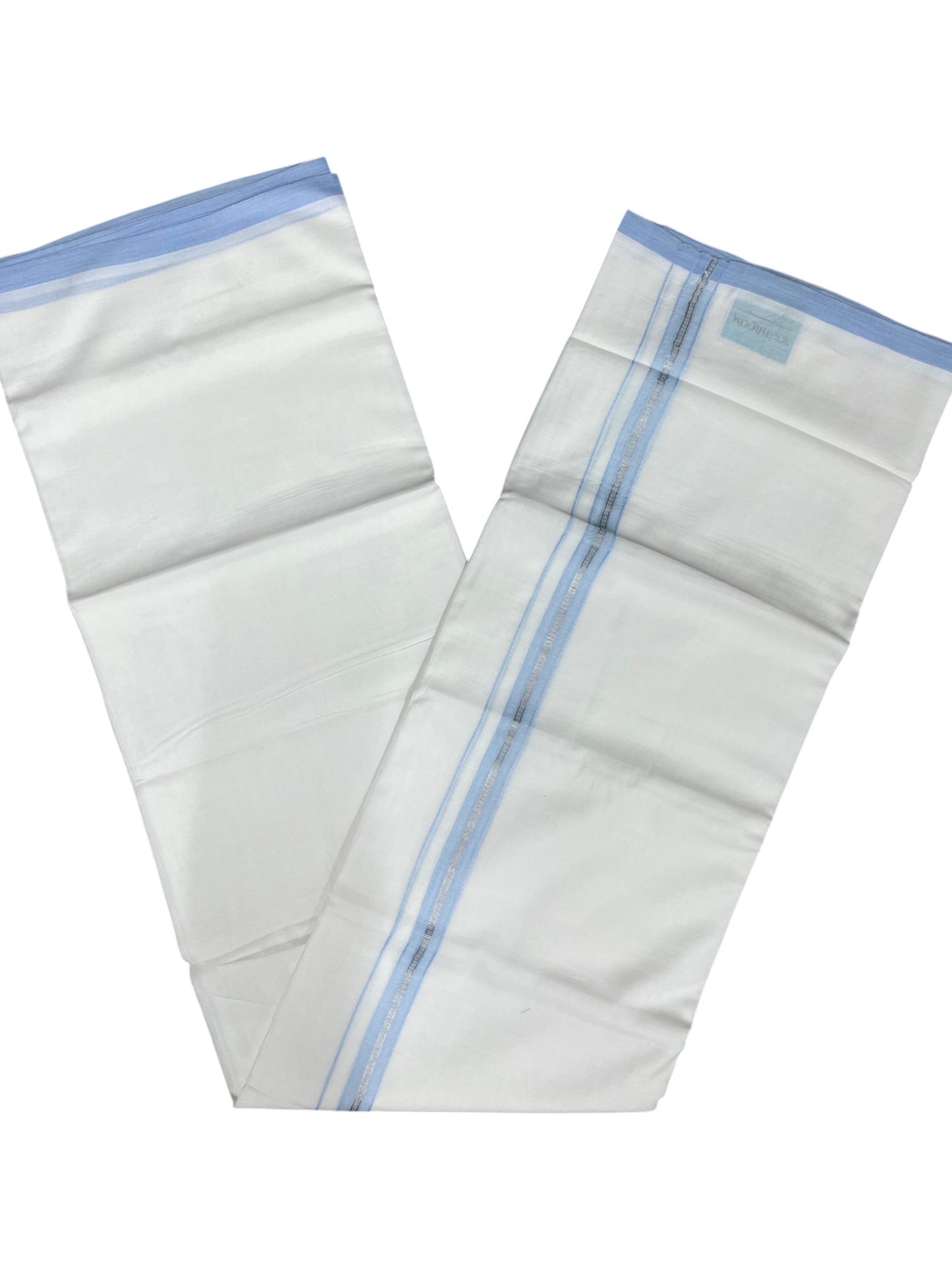 Southloom Pure White Cotton Mundu with Blue & Silver Line Border (South Indian Kerala Dhoti)