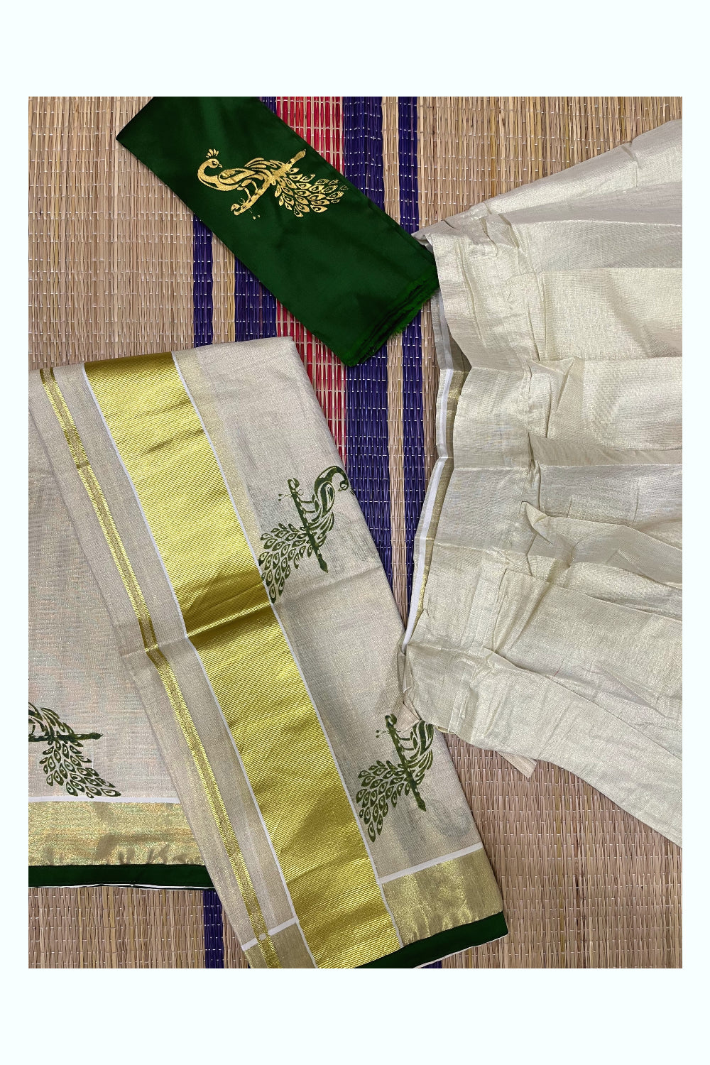 Southloom Semi Stitched Dhavani Set with Tissue Peacock Printed Pavada and Light Green Blouse Piece