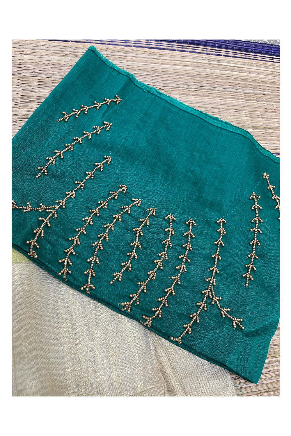 Semi Stitched Pavada Blouse with Tissue and Green Bead Works