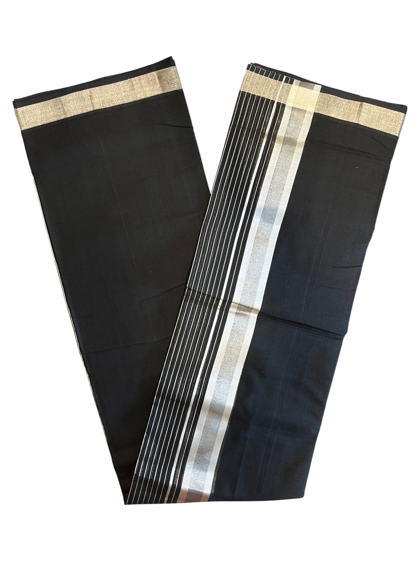 Southloom Premium Handloom Cotton Black Double Mundu with Silver Lines