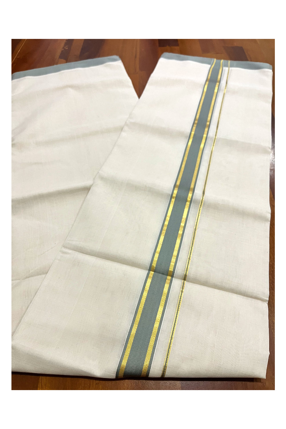 Southloom Premium Balaramapuram Unakkupaavu Handloom Kasavu Mundu with Grey Border (South Indian Kerala Dhoti)