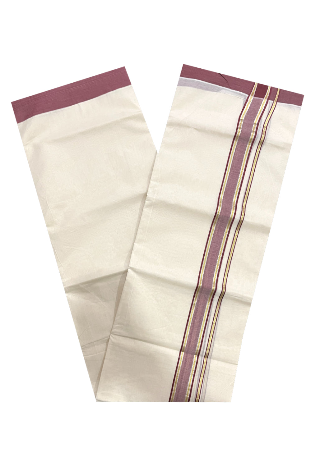 Pure Cotton 100x100 Double Mundu with Silver Golden Kasavu and Maroon Kara (Onam Mundu 2023)