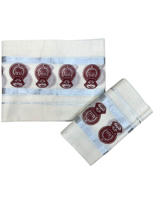 Southloom Pure Cotton Kerala Single Set Mundu (Mundum Neriyathum) with Maroon Printed And Silver Border 2.80 Mtrs