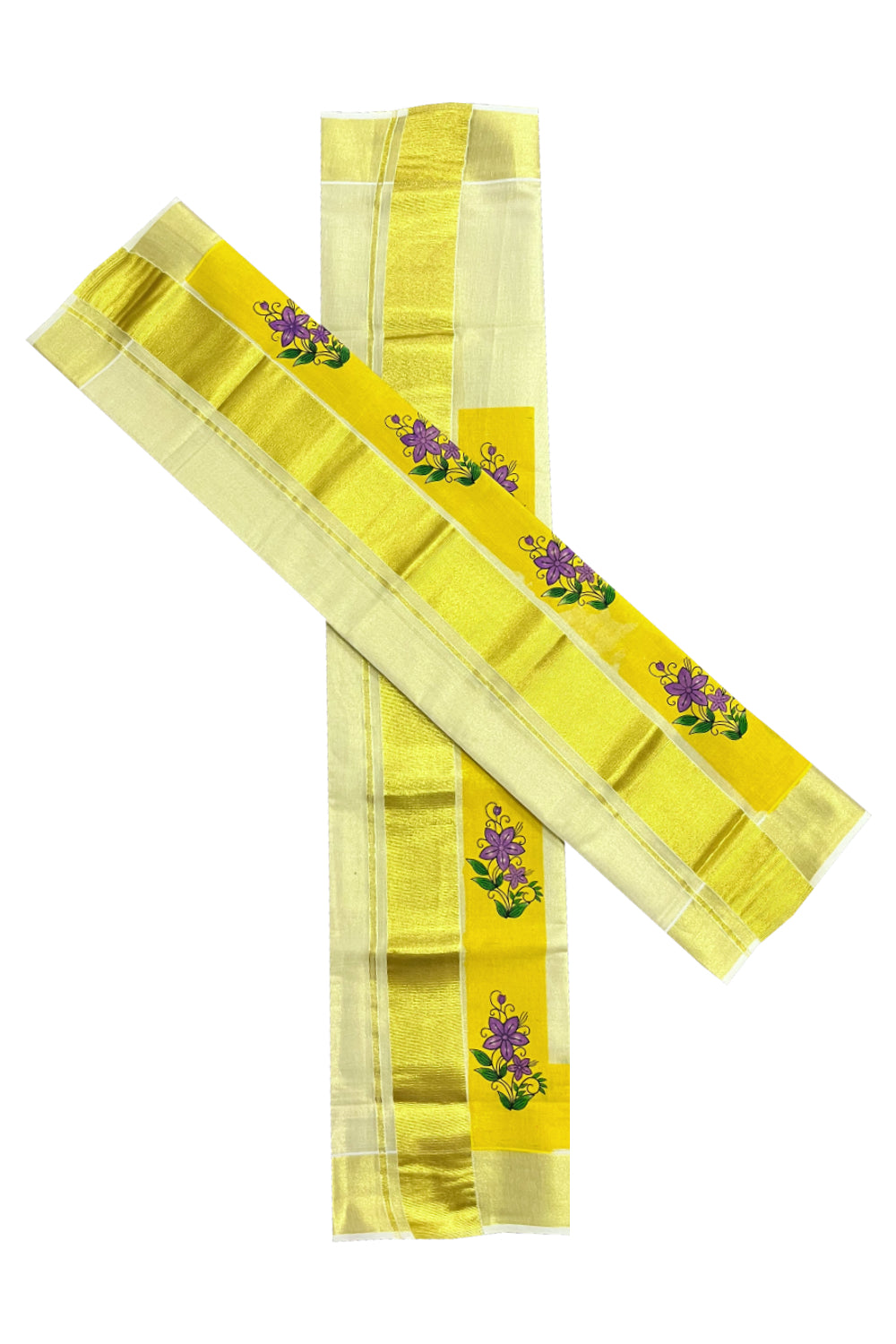 Kerala Tissue Single Set Mundu (Mundum Neriyathum) with Violet Floral Block Prints in Yellow Border 2.80 Mtrs (Onam 2024 Collection)