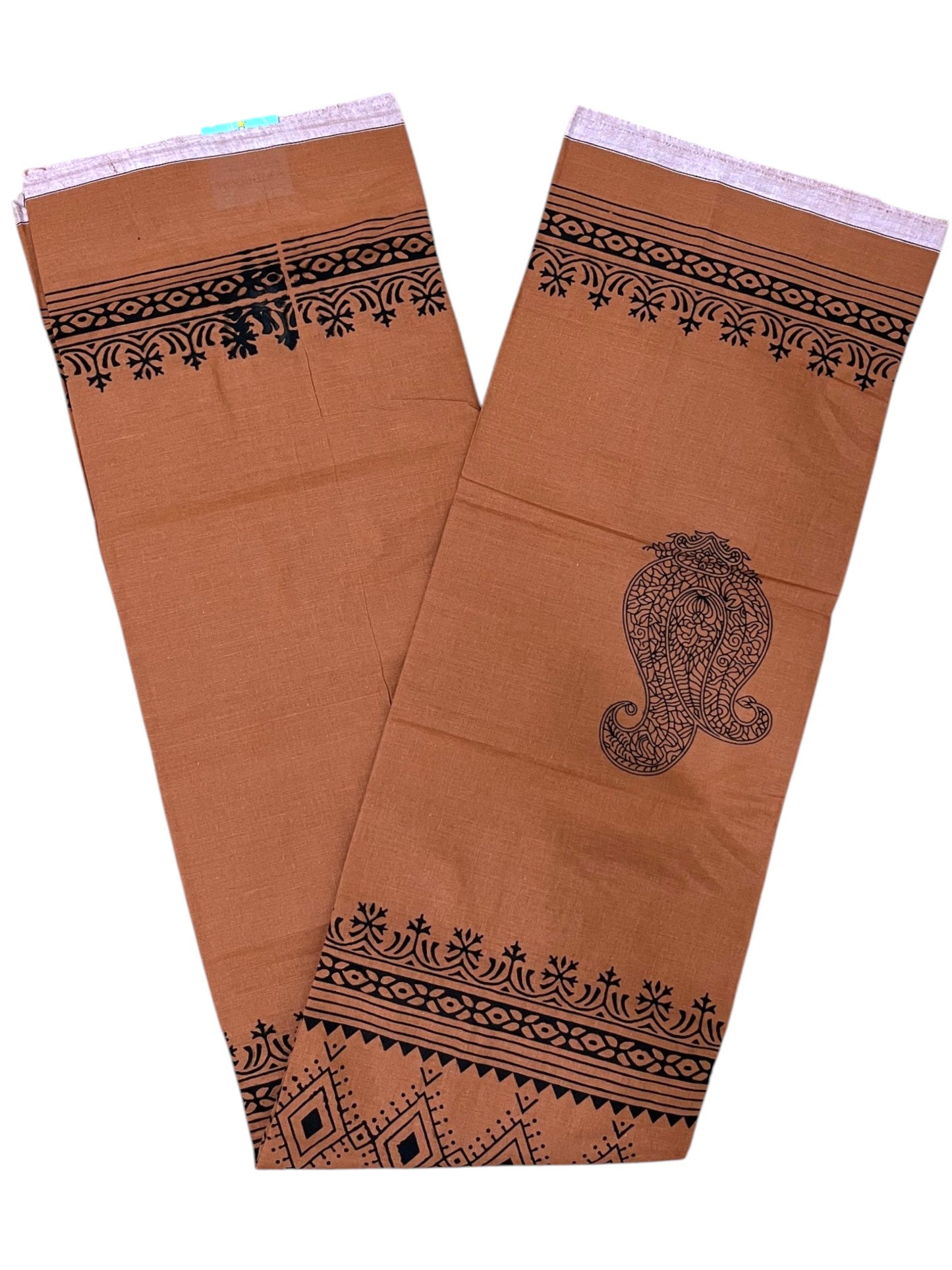 Southloom Saffron (Kaavi) Black Printed Single Mundu / Lungi (South Indian Kerala Dhoti) SL319