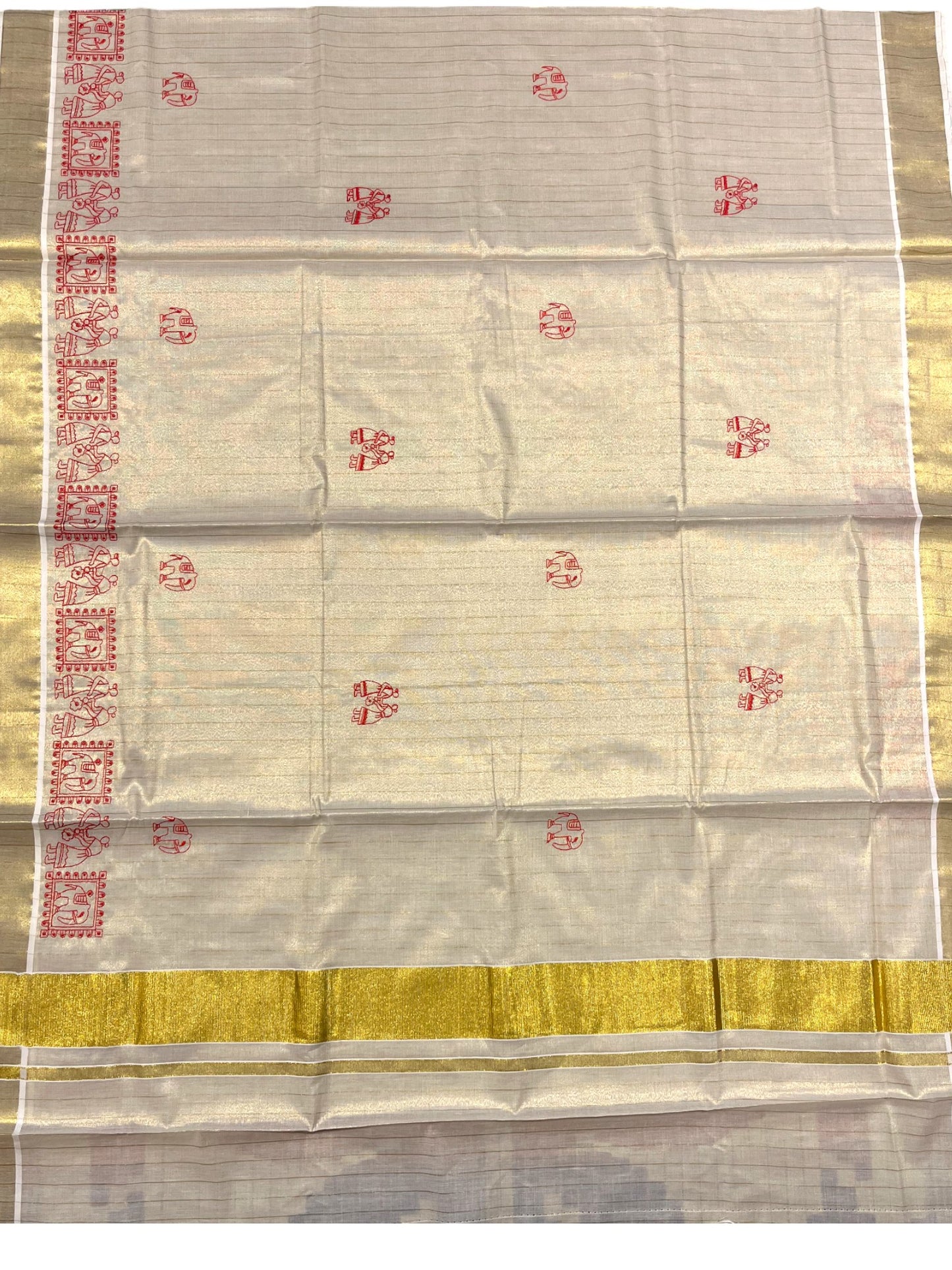 Southloom Tissue Check Kerala Kasavu Saree with Embroidery Design