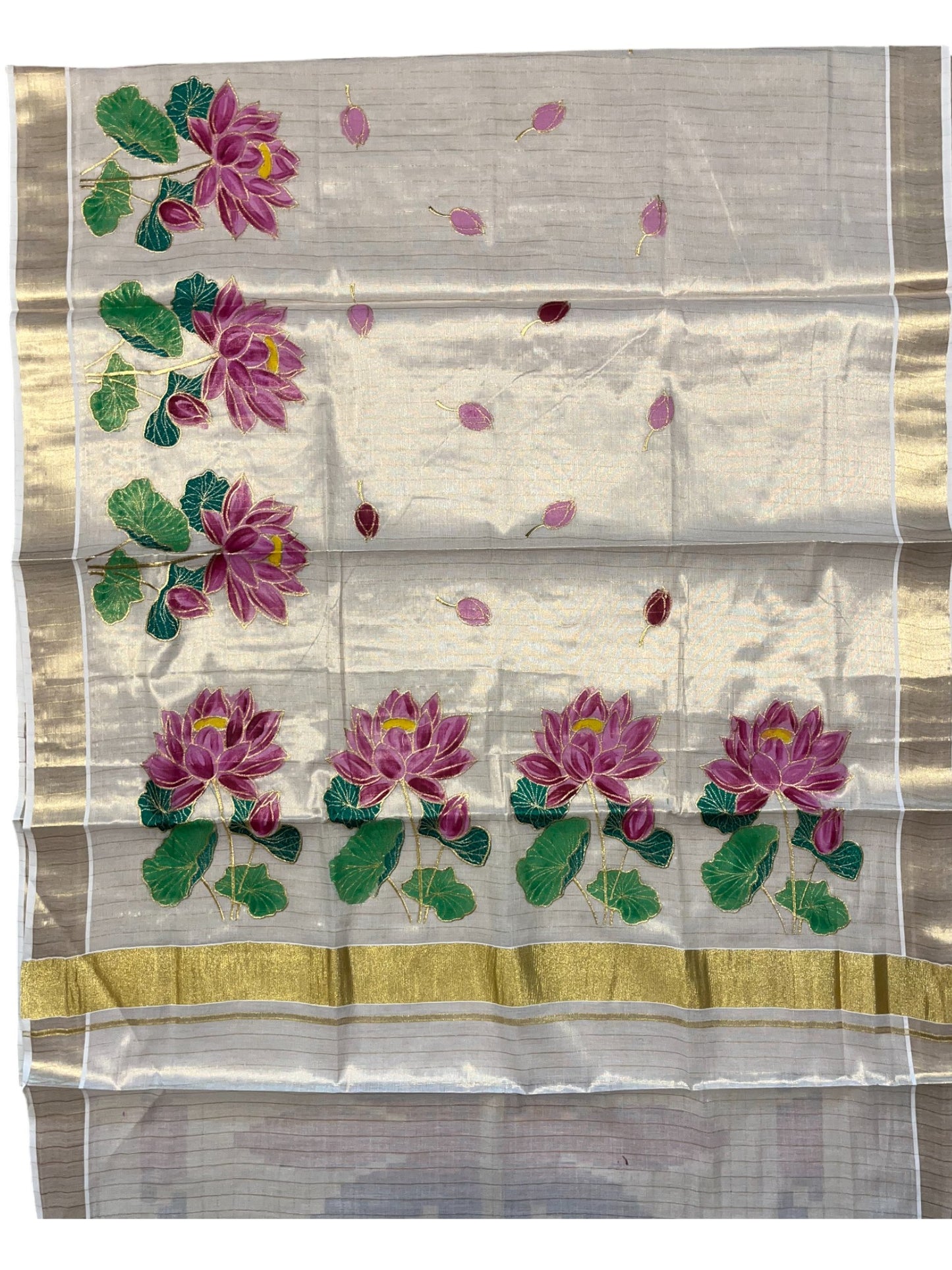 Southloom Tissue Kerala Kasavu Saree with Hand Painted Embroidery Lotus Design