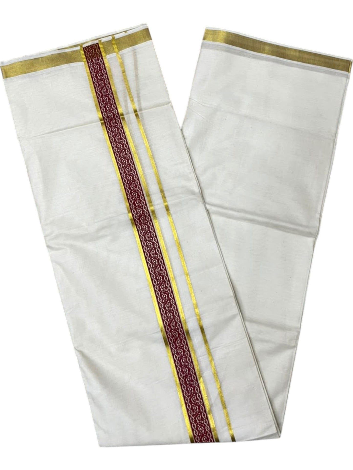 Southloom Pure Cotton Double Mundu with Maroon Block Printed And Ksavu Border (South Indian Kerala Dhoti)