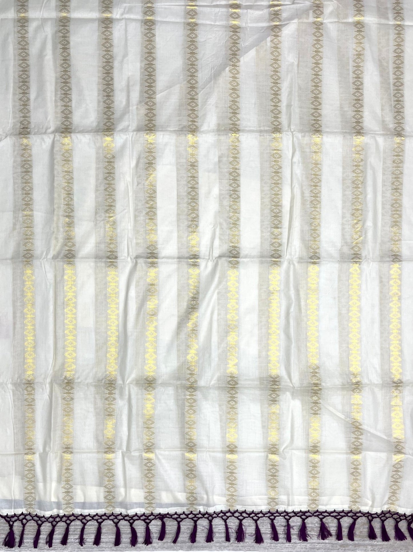 Southloom Kerala Cotton Kasavu Saree with Stripes on Body and Purple Tussels