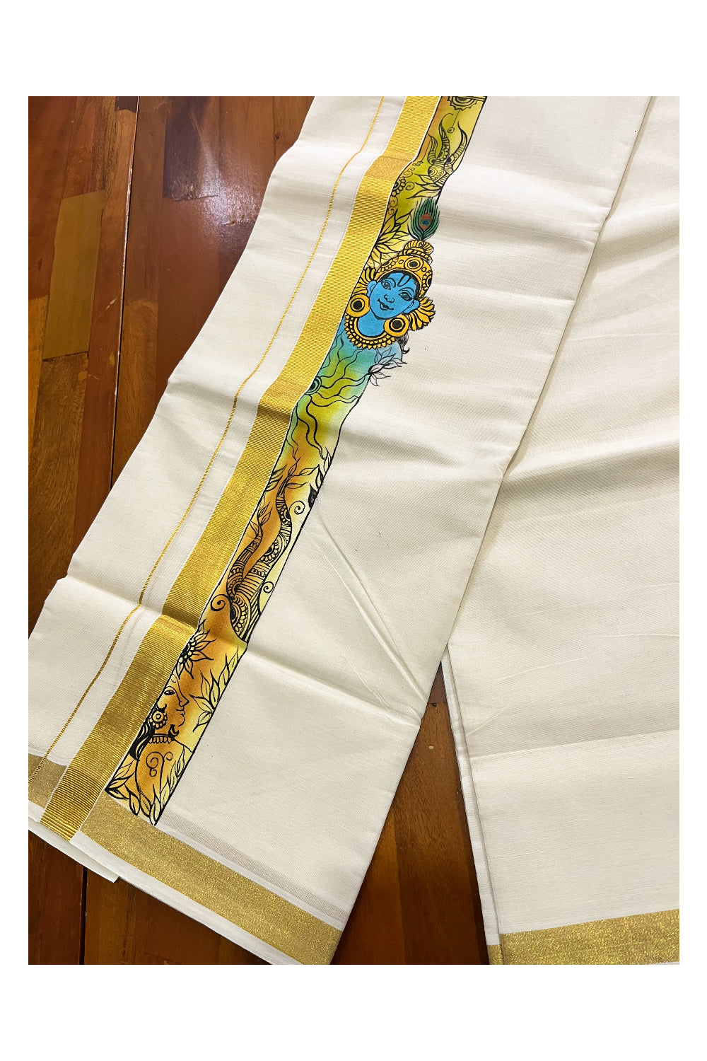 Pure Cotton Kerala Double Mundu with Krishna Hand Painted Designs on Kasavu Border (Vishu Collection 2024)