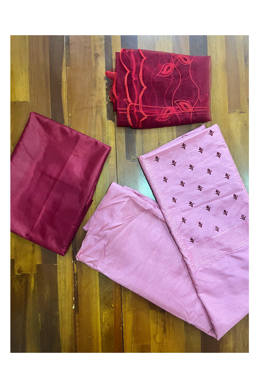 Southloom™ Semi Tussar Churidar Salwar Suit Material in Redish Pink with Thread Works on Yoke