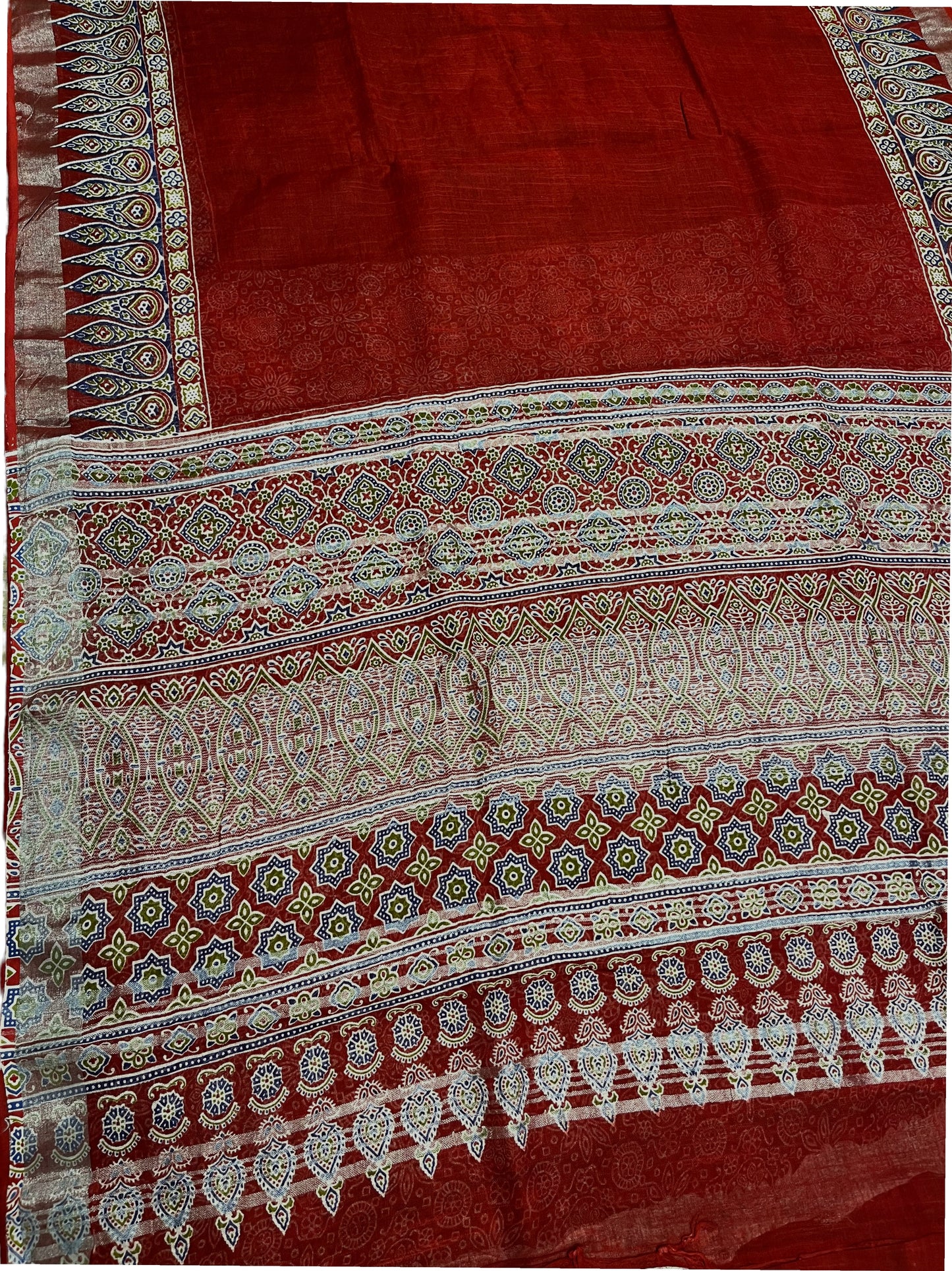 Southloom Ajrakh Hand Block Print Linen Saree in Saffron Maroon Shade (Printed Blouse Included)