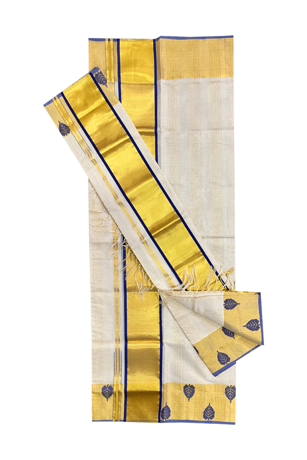 Southloom Handloom Premium Cotton Kasavu Striped Set Mundu With Blue Leaf Woven Patterns (Mundum Neriyathum) 2.70 Mtrs
