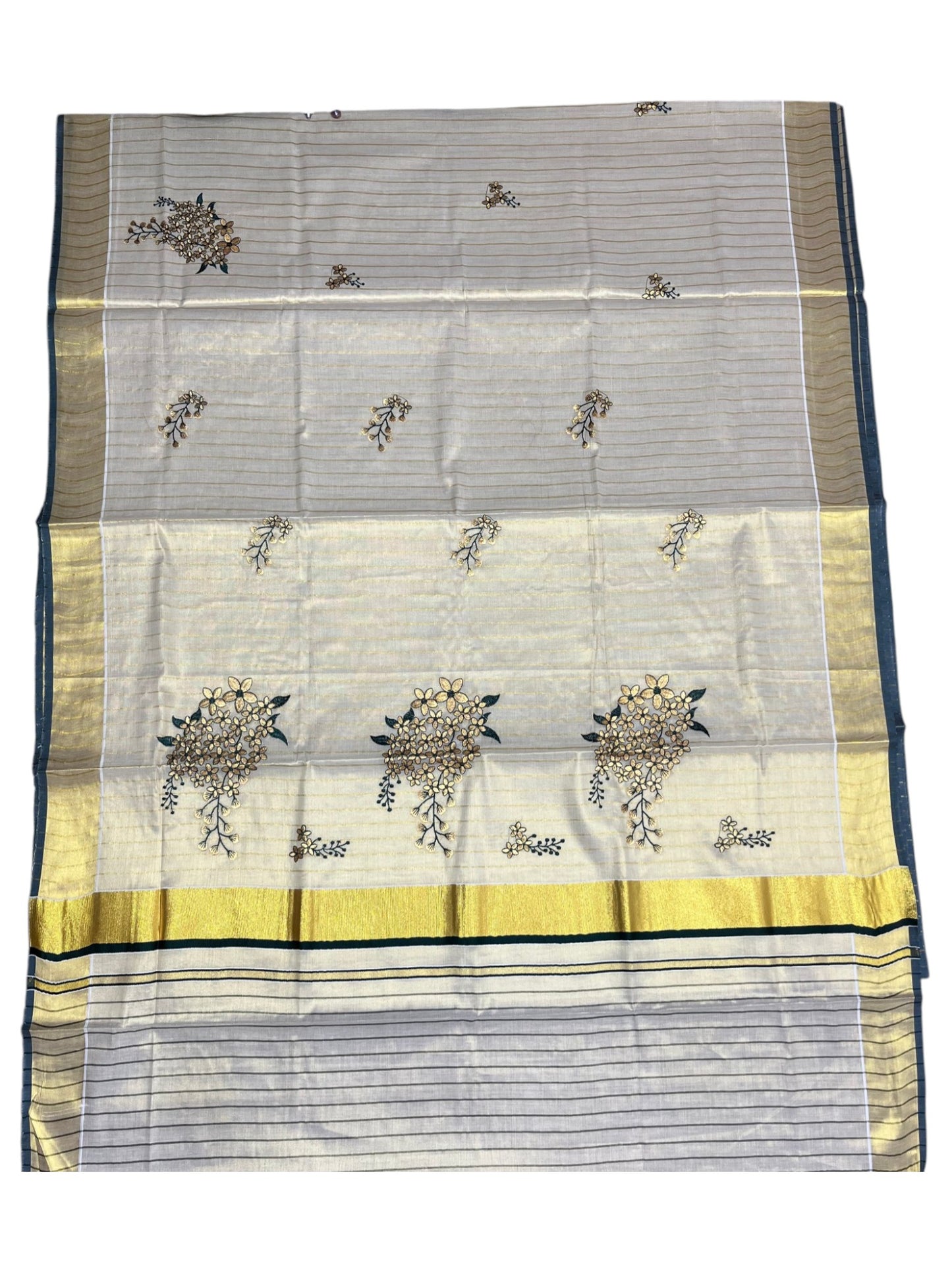 Southloom Kerala Tissue Kasavu Lines Saree with Kanikonna Floral Embroidery Designs on Body