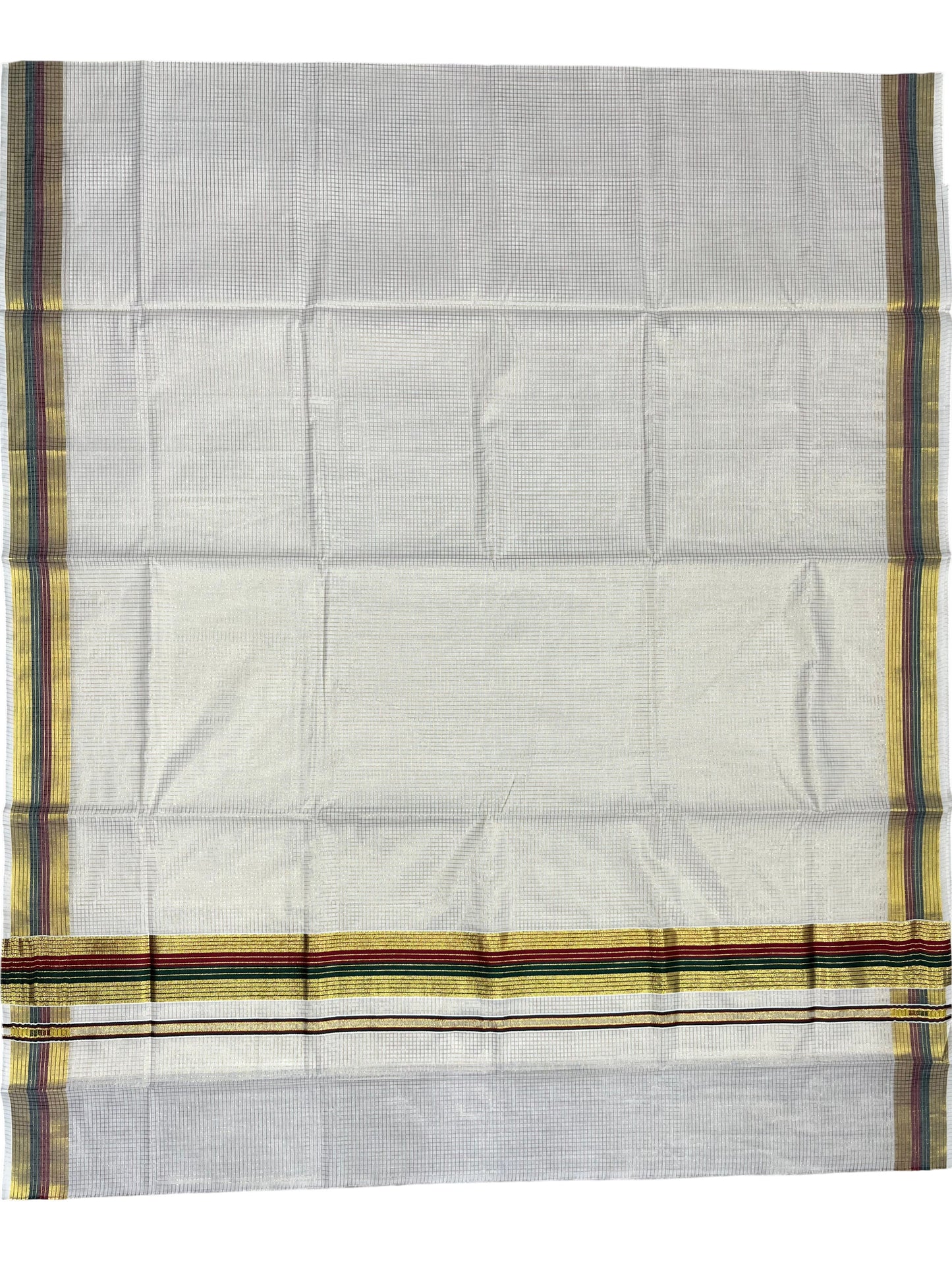 Southloom Kerala Cotton Kasavu Saree with Micro Check Design on Body in Maroon & Green Border