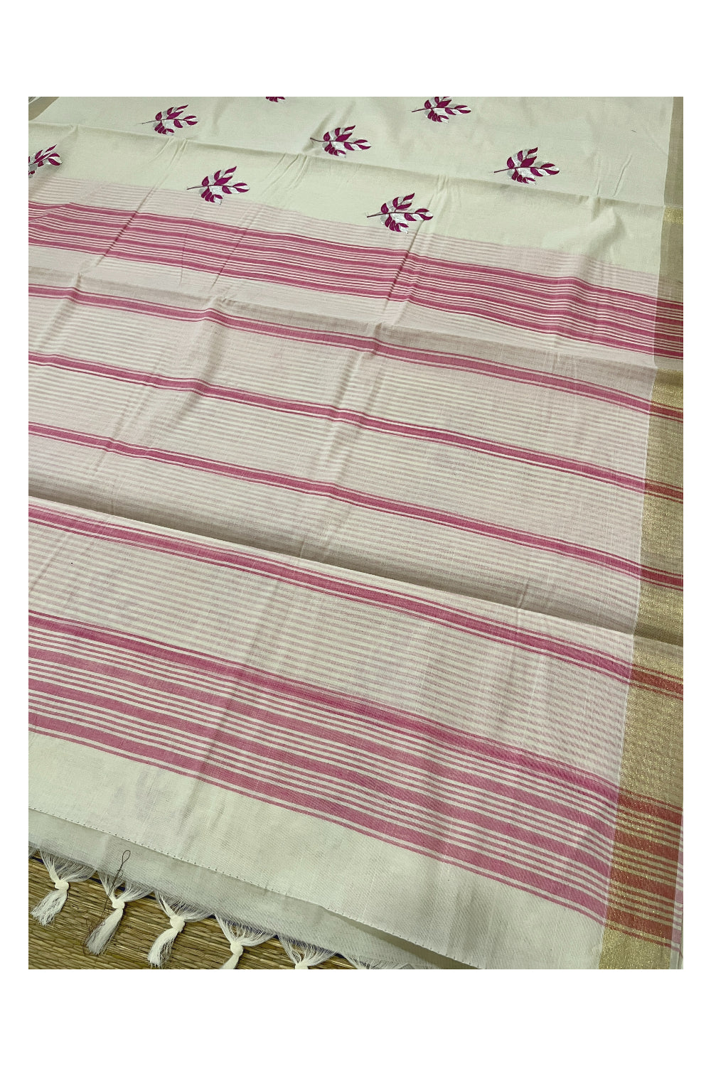 Pure Cotton Kerala Saree with Magenta Leaf Embroidery Work and Kasavu Border