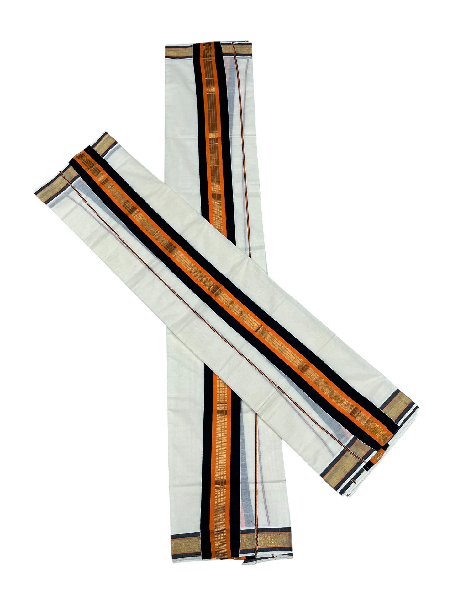 Kerala Cotton Kasavu Single Set Mundu (Mundum Neriyathum) with Black And orange Kasavu Border SLKK SL470