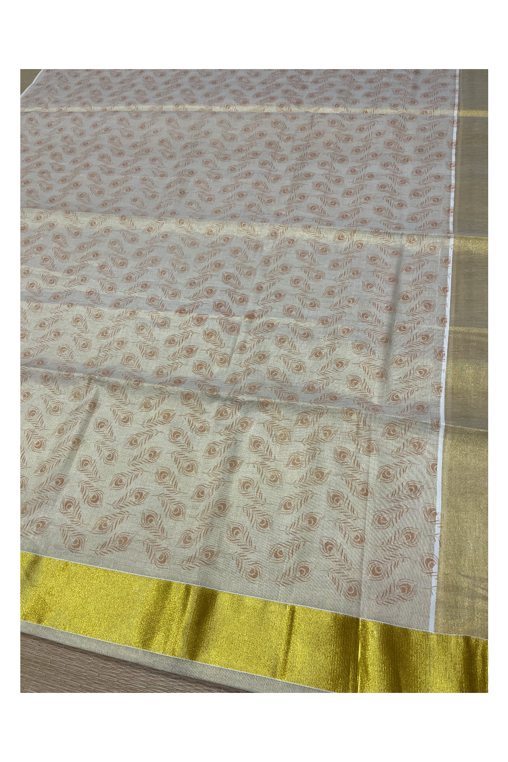 Kerala Tissue Kasavu Saree with Brown Block Printed Designs