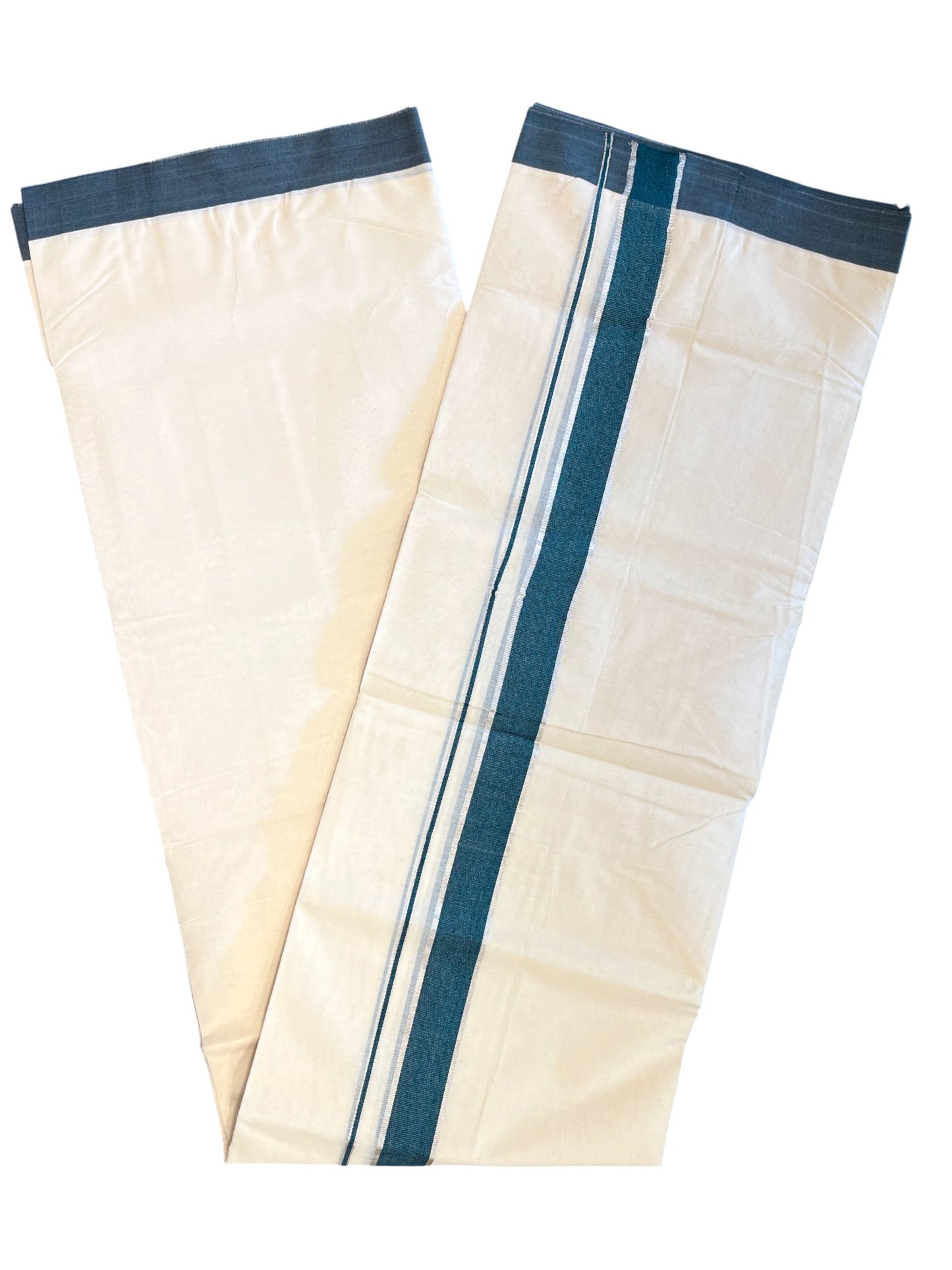 Southloom Kerala Pure Cotton Double Mundu with Silver Lines & Green Border (South Indian Dhoti)