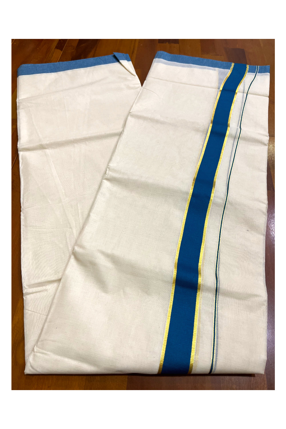 Kerala Pure Cotton Double Mundu with Teal Blue and Kasavu Border (South Indian Kerala Dhoti)