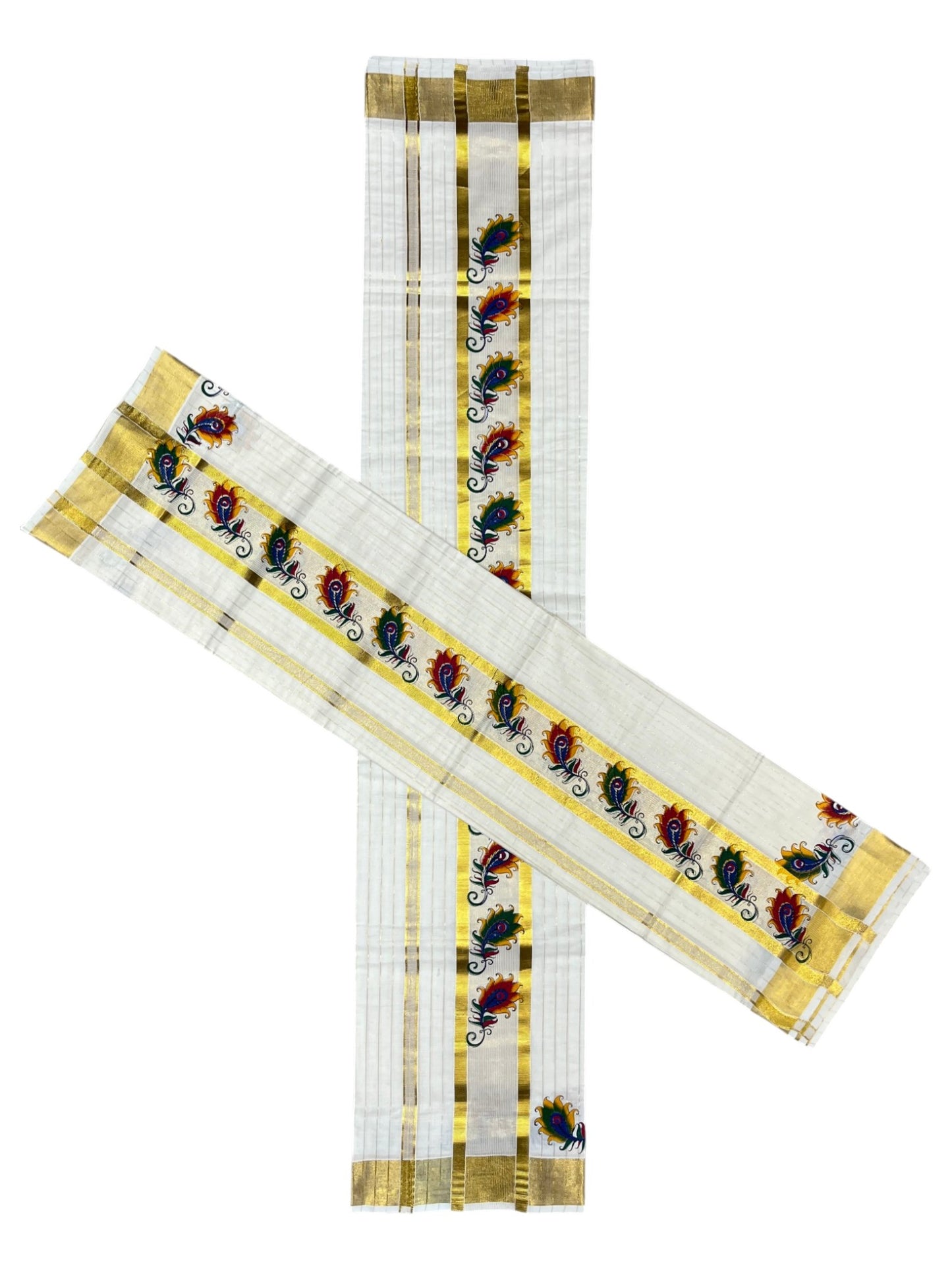 Southloom Cotton Lines Single Set Mundu (Mundu Neriyathum) With Peacock Feather Print And Gold Border Kasavu in 2.80 Mtrs