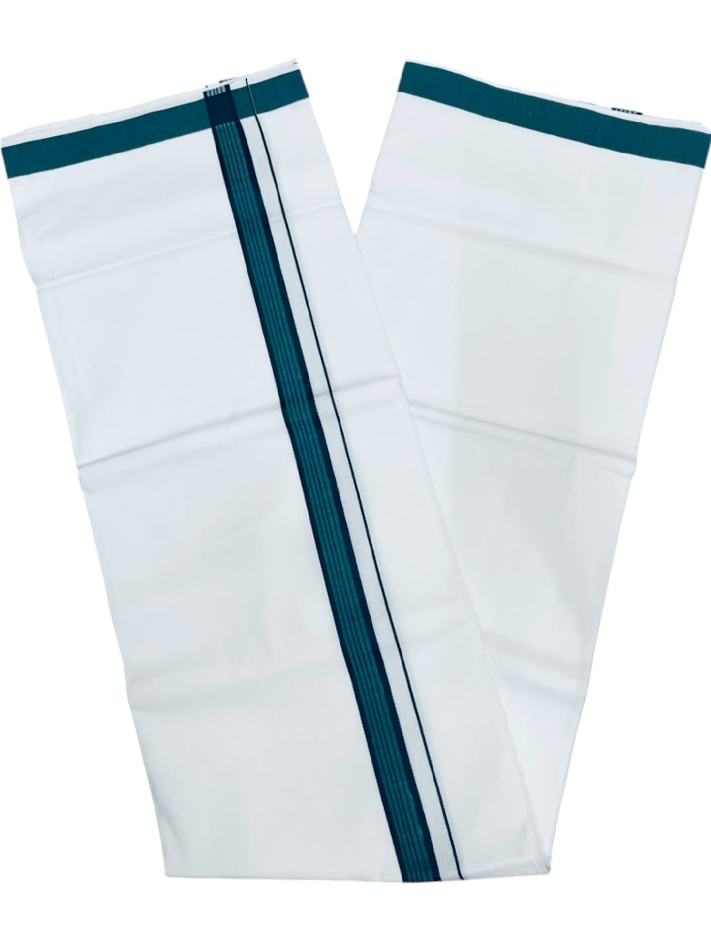 Southloom Pure White Single Cotton Mundu with Peacock Blue (South Indian Kerala Dhoti)