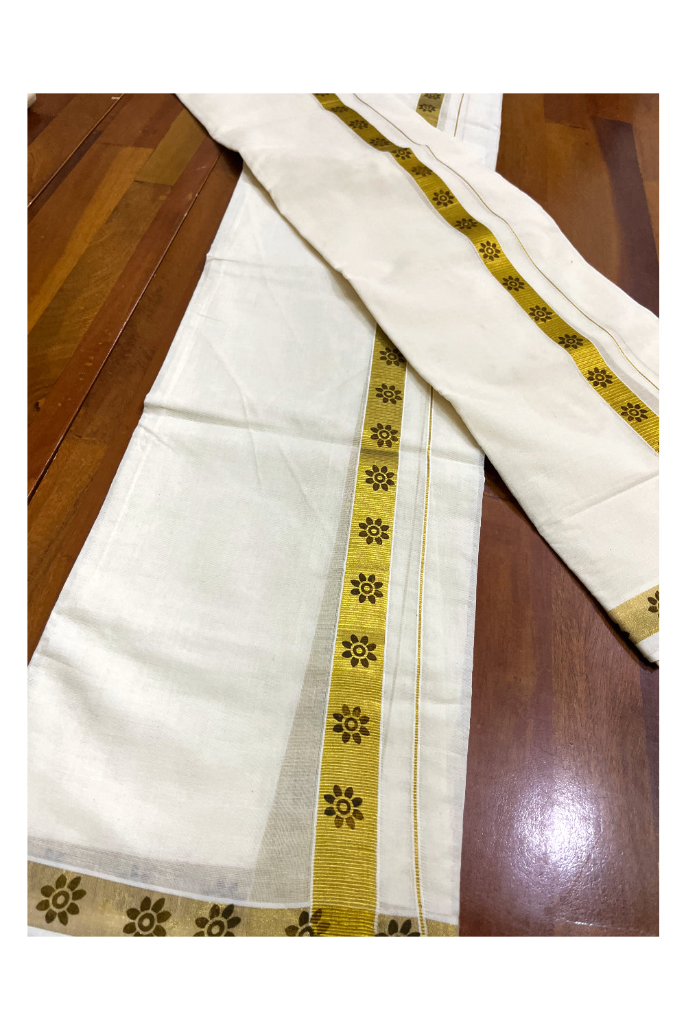 Kerala Pure Cotton Single Set Mundu with Brown Floral Block Prints on Kasavu Border 2.80 Mtrs