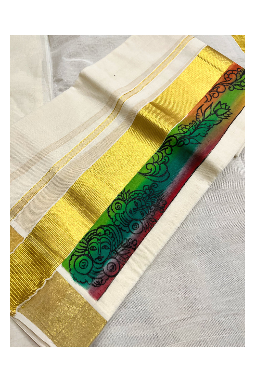 Kerala Cotton Single Set Mundu (Mundum Neriyathum) with Hand Painted Designs with Kasavu Border - 2.80Mtrs