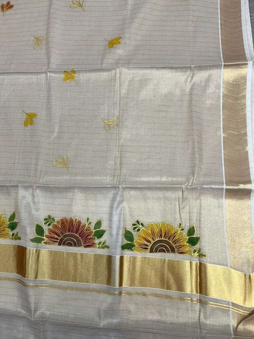 Southloom Kerala Tissue Kasavu Lines Saree with Embroidery Work in Yellow Floral Print