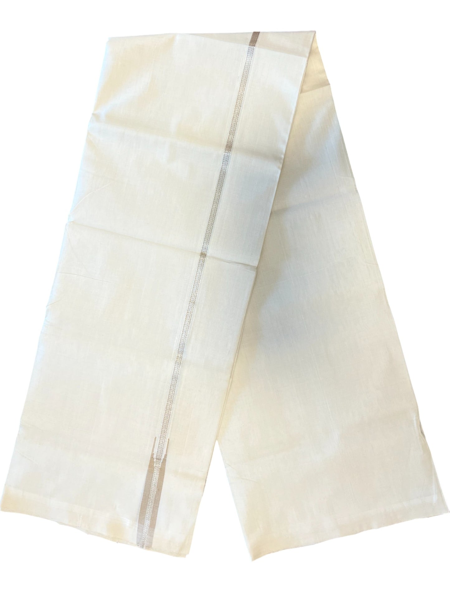 Southloom Premium Handloom Cotton Double Mundu with Silver and Beige Chutti Kara Border