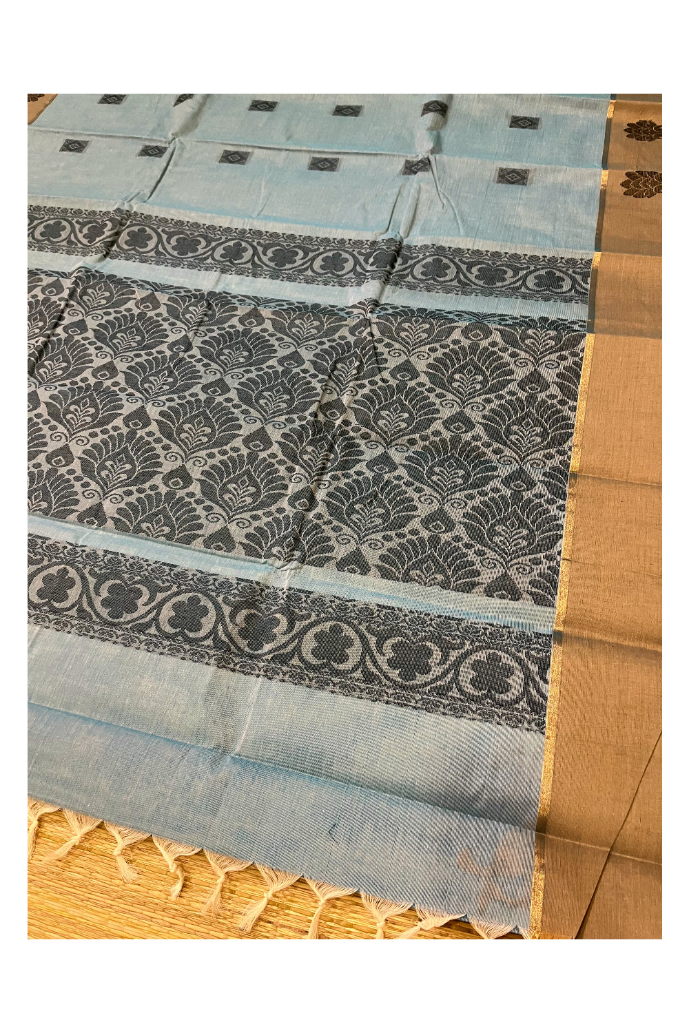 Southloom Cotton Blue Saree with Woven Works on Body and Brown Border