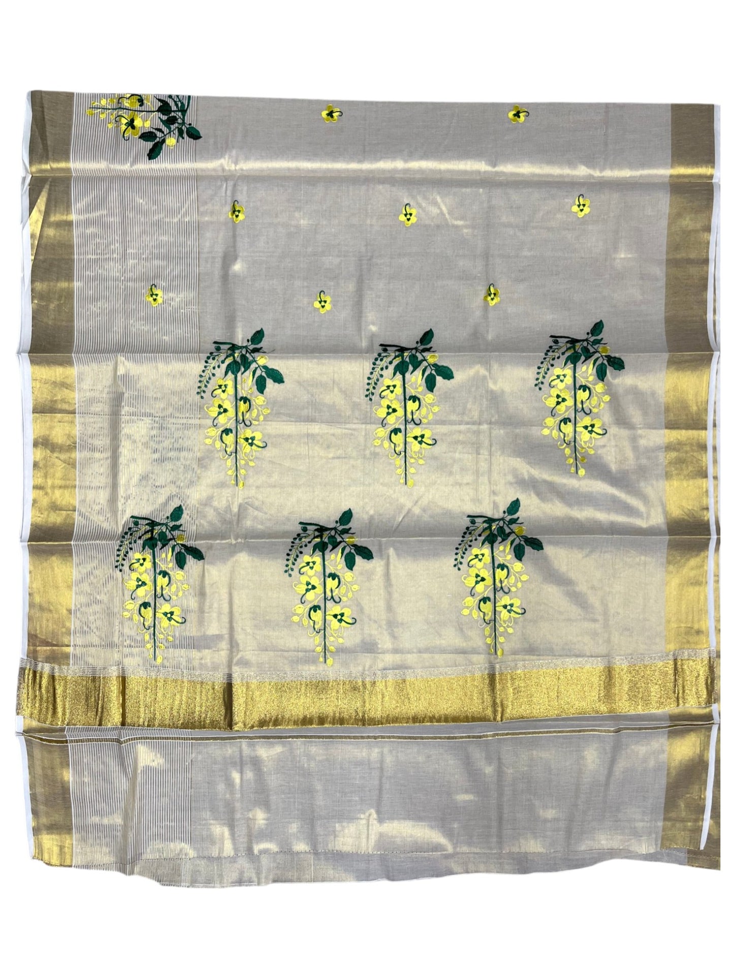 Southloom Tissue Kerala Kasavu Saree with Kanikonna Embroidery Work on Body