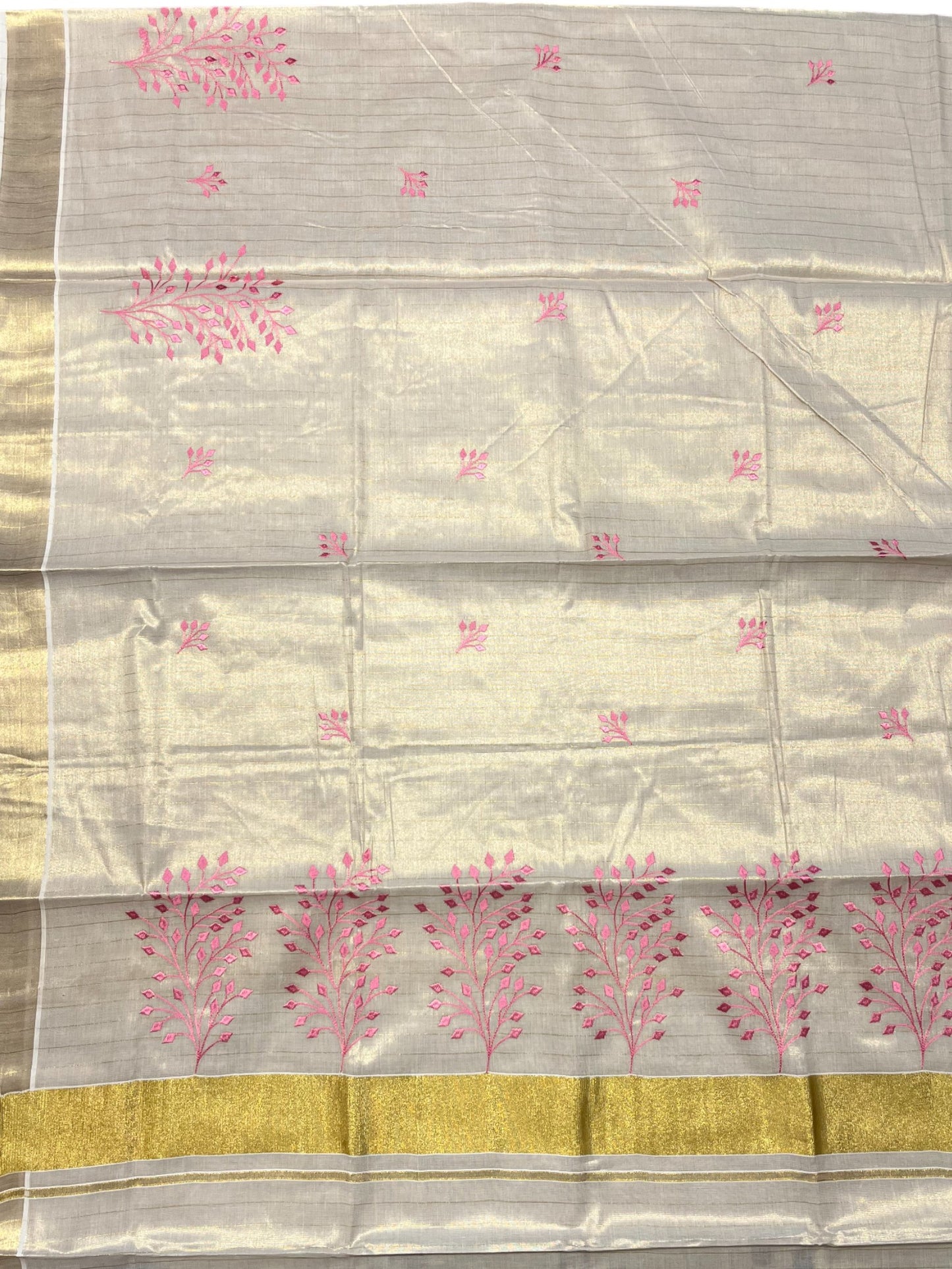 Southloom Tissue Kerala Kasavu Saree with Floral Embroidery Design