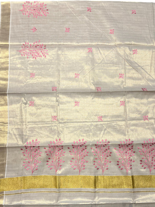 Southloom Tissue Kerala Kasavu Saree with Floral Embroidery Design