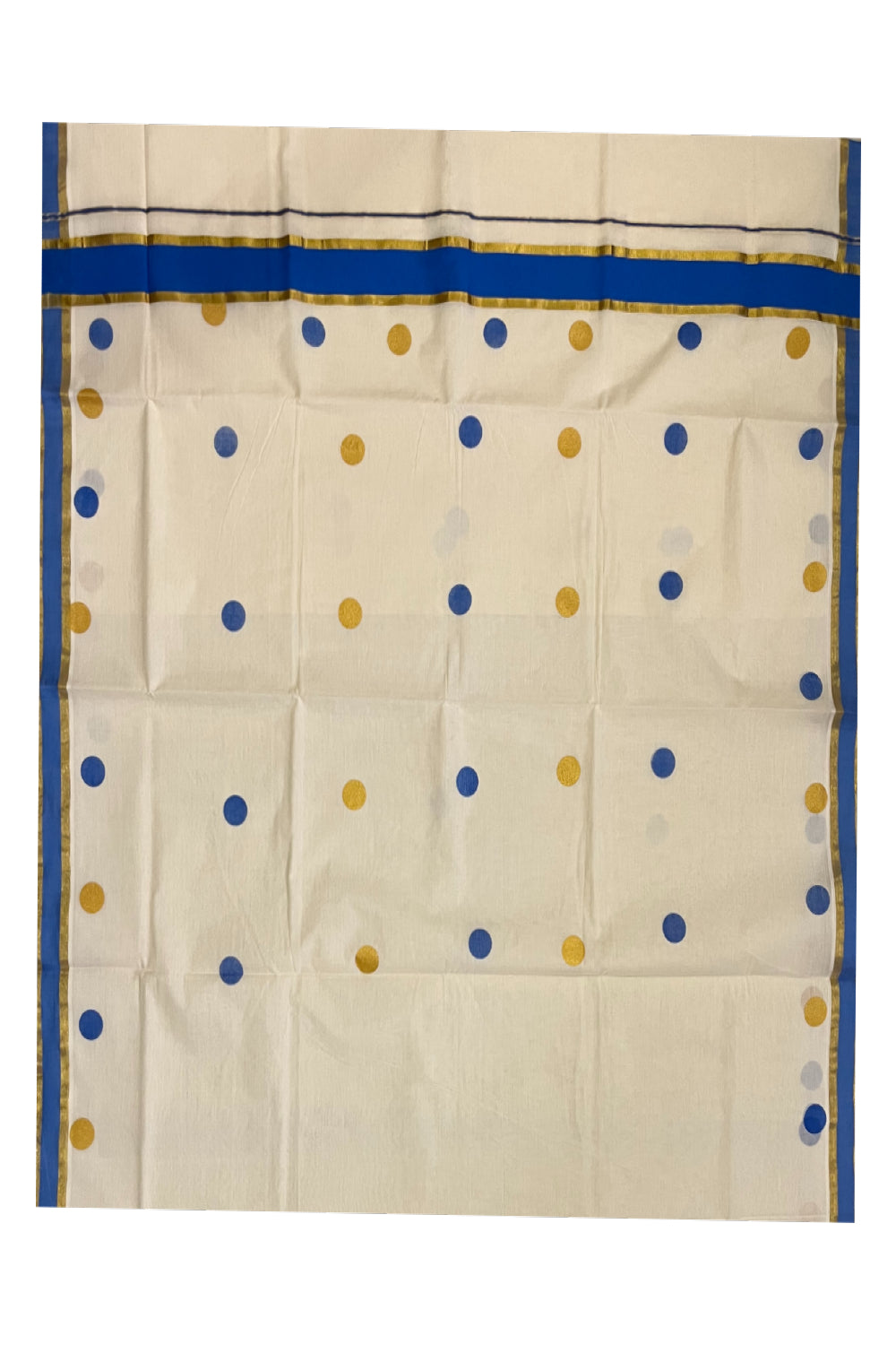 Pure Cotton Kerala Kasavu Saree with Golden and Blue Polka Prints on Body