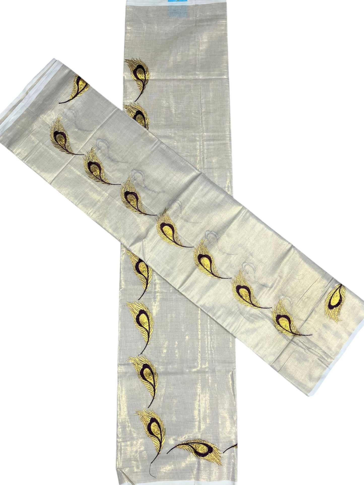 Southloom Kerala Tissue Kasavu Single Set Mundu (Mundum Neriyathum) Purple and Golden Feather Embroidery Work