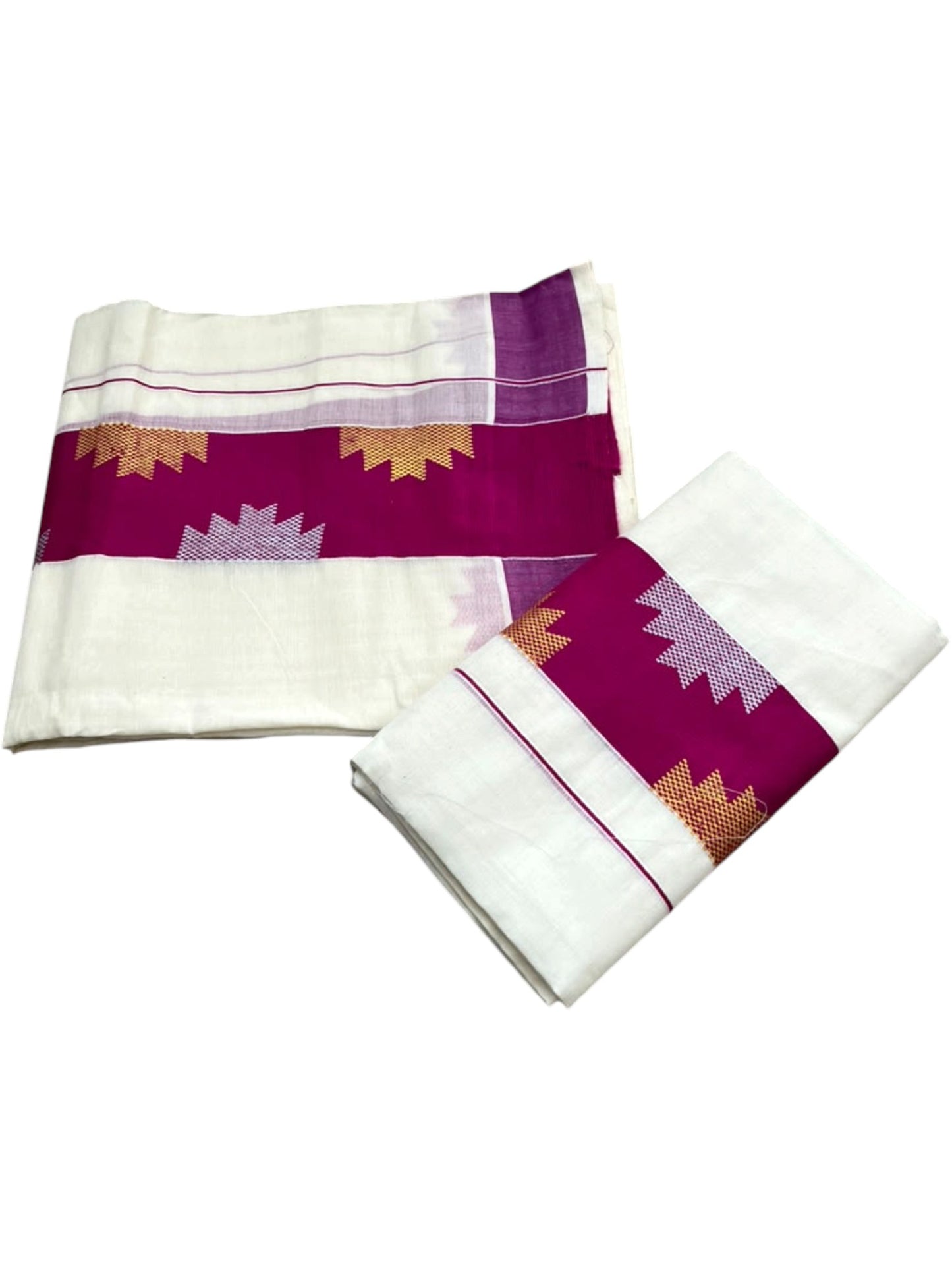 Southloom Pure Cotton Single Set Mundu (Mundum Neriyathum) Temple Design & Magenta Border