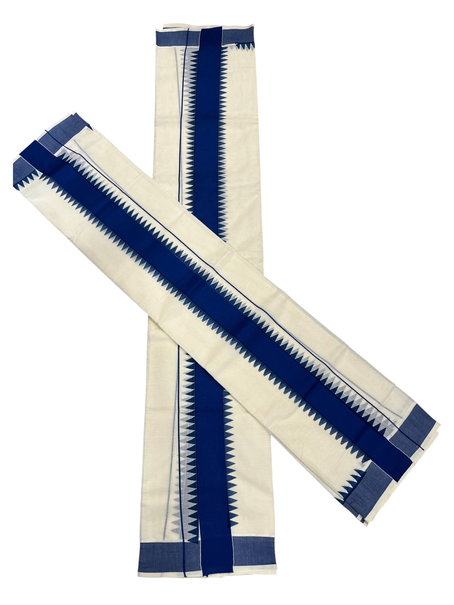 Kerala Pure Cotton Set Mundu Single (Mundum Neriyathum) with Blue Temple Border 2.80 Mtrs