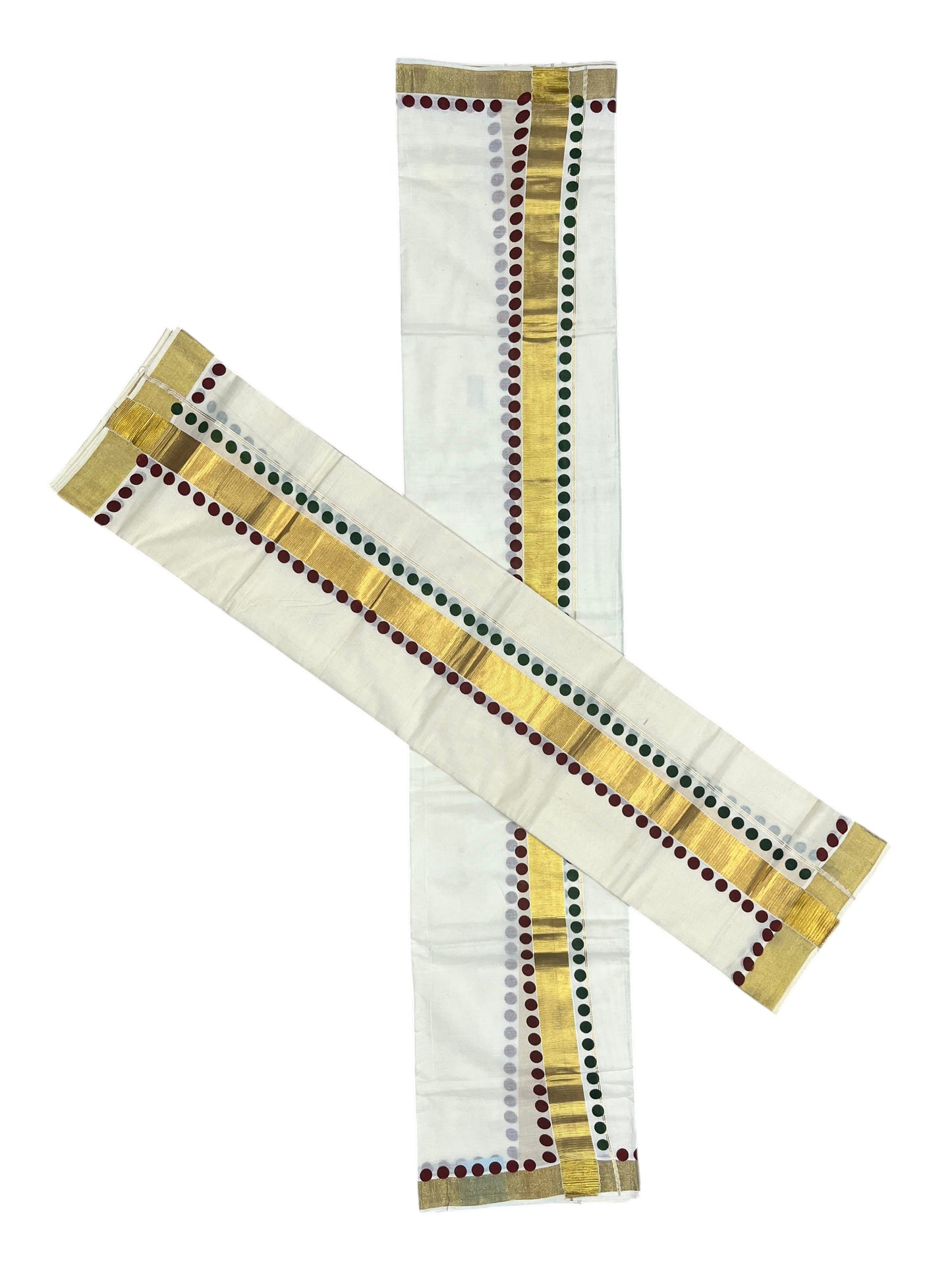 Southloom Kerala Cotton Kasavu Single Set Mundu (Mundum Neriyathum) with Maroon And Green Polka Dots Border SLKK