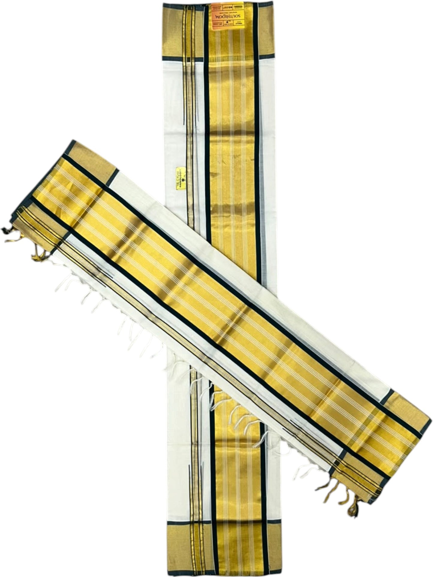 Southloom Premium Cotton Handloom Set Mundu with Kasavu With Green and Golden Border (2.80 Mtr)