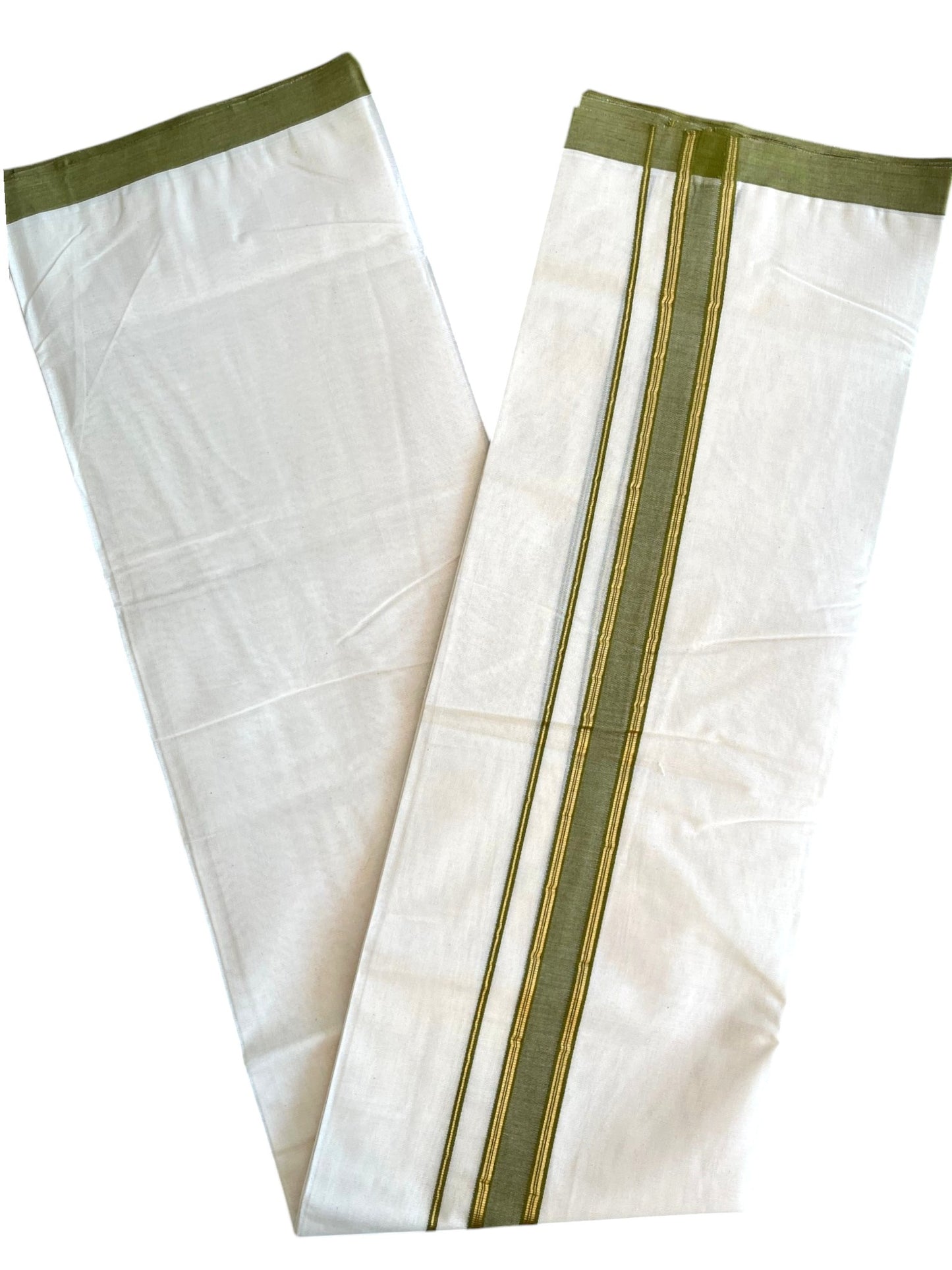 Southloom Pure Cotton Mundu with Golden Lines and Olive Green Border (South Indian Kerala Dhoti)