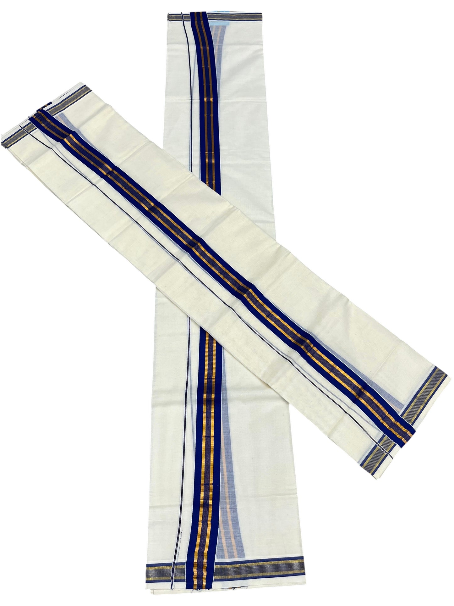 Southloom Kerala Cotton Single Set Mundu (Mundum Neriyathum) with Kasavu and Blue Border  SLKK SL470