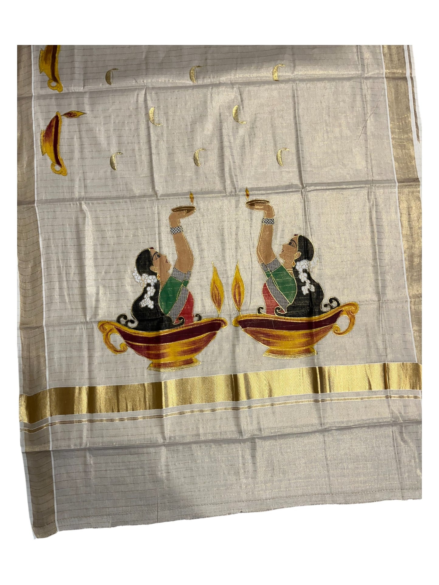 Southloom Kerala Tissue Kasavu Line Saree with Hand Painted &Embroidery Design