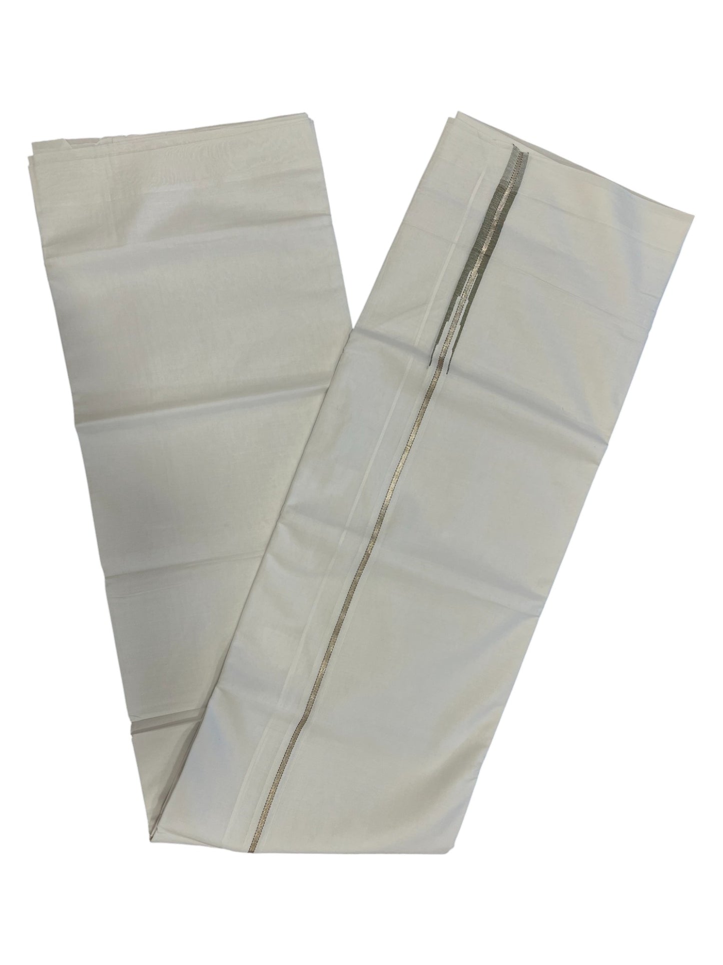Pure White Cotton Double Mundu with Silver Chutti Kara (South Indian Dhoti)
