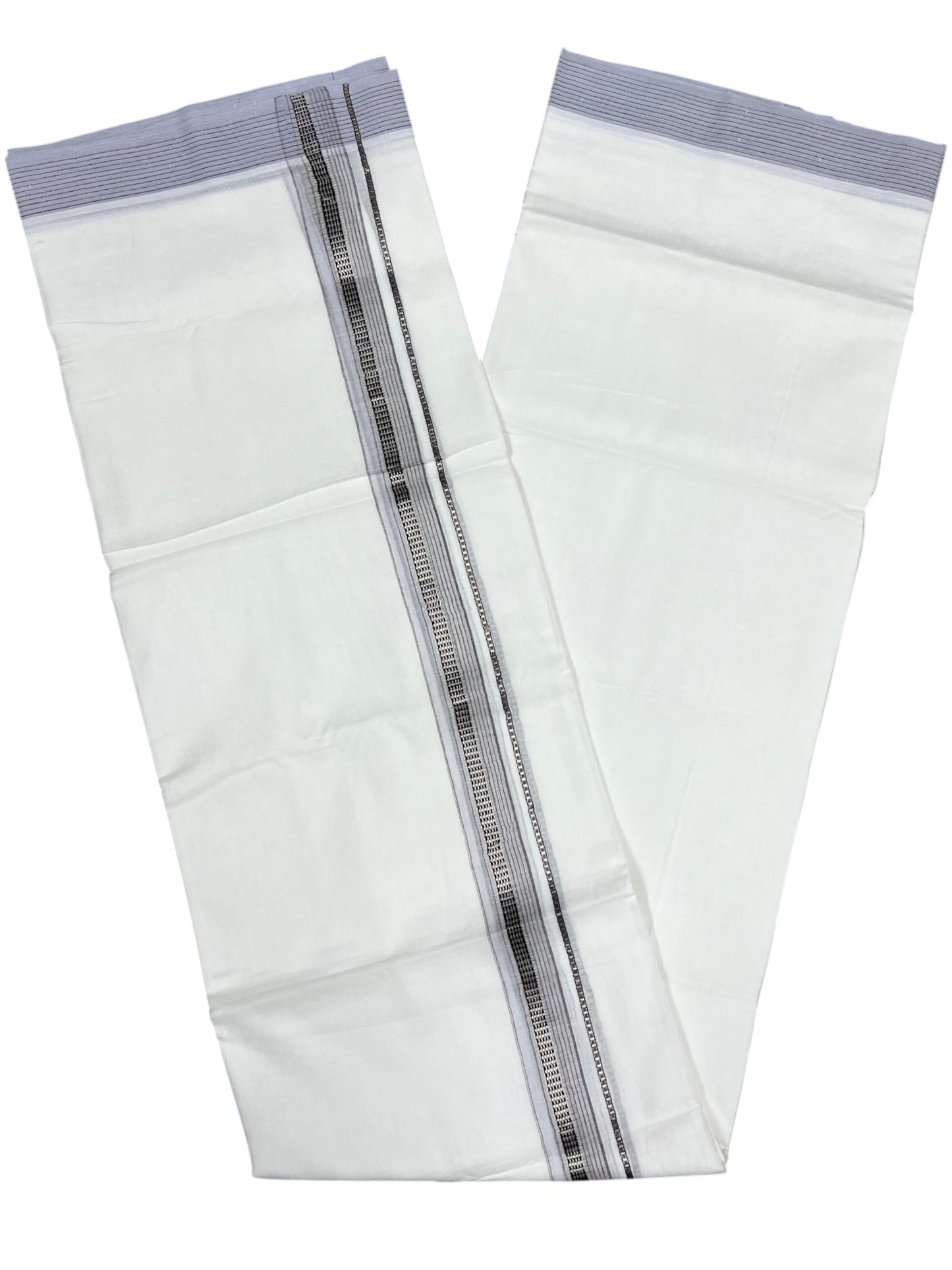 Southloom Pure White Cotton Mundu with Silver Line & Gray Border (South Indian Kerala Dhoti)