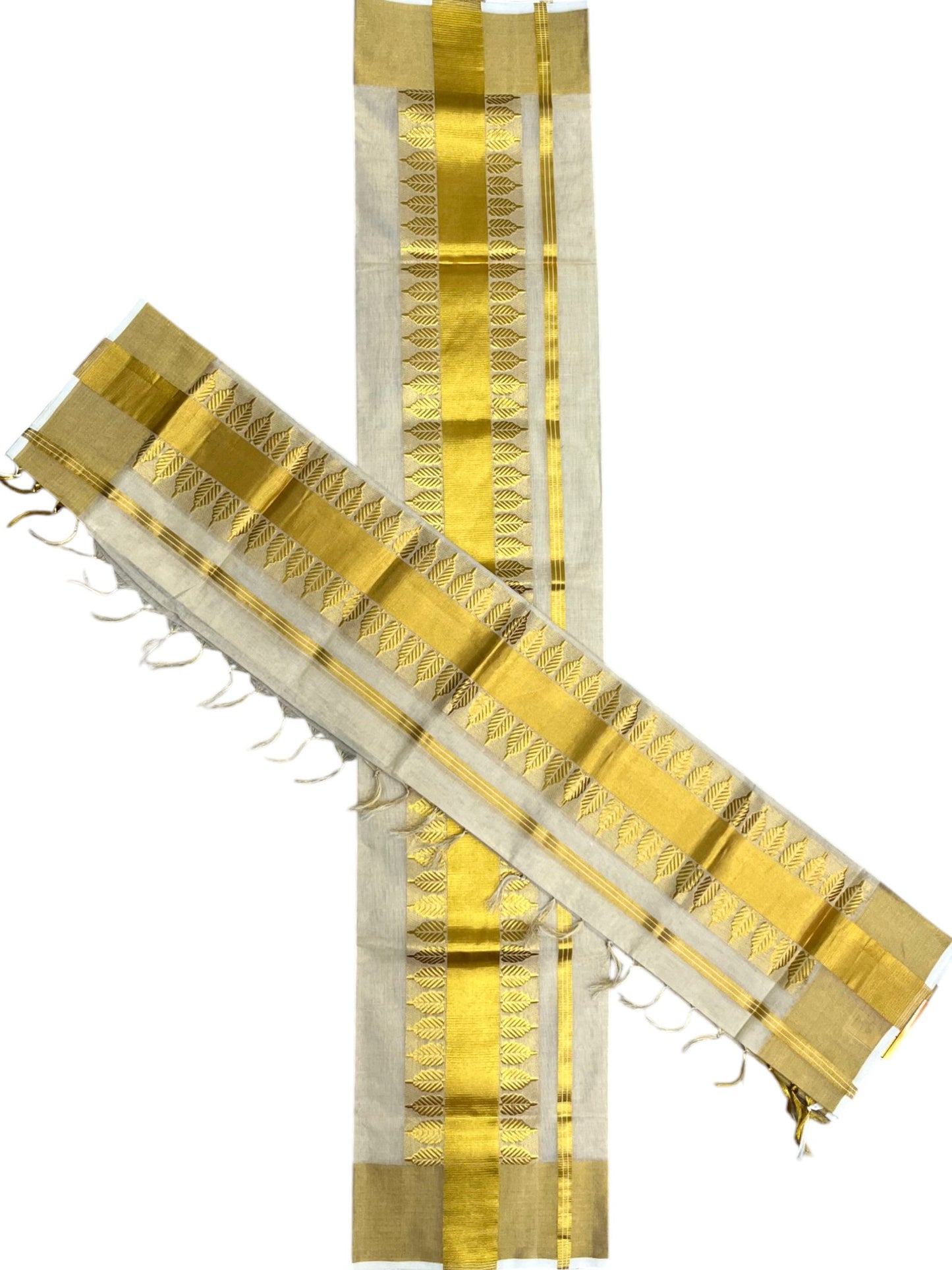 Southloom Premium Tissue Handloom Set Mundu with Leaf Design Kasavu Border (2.80 Mtr) SL632